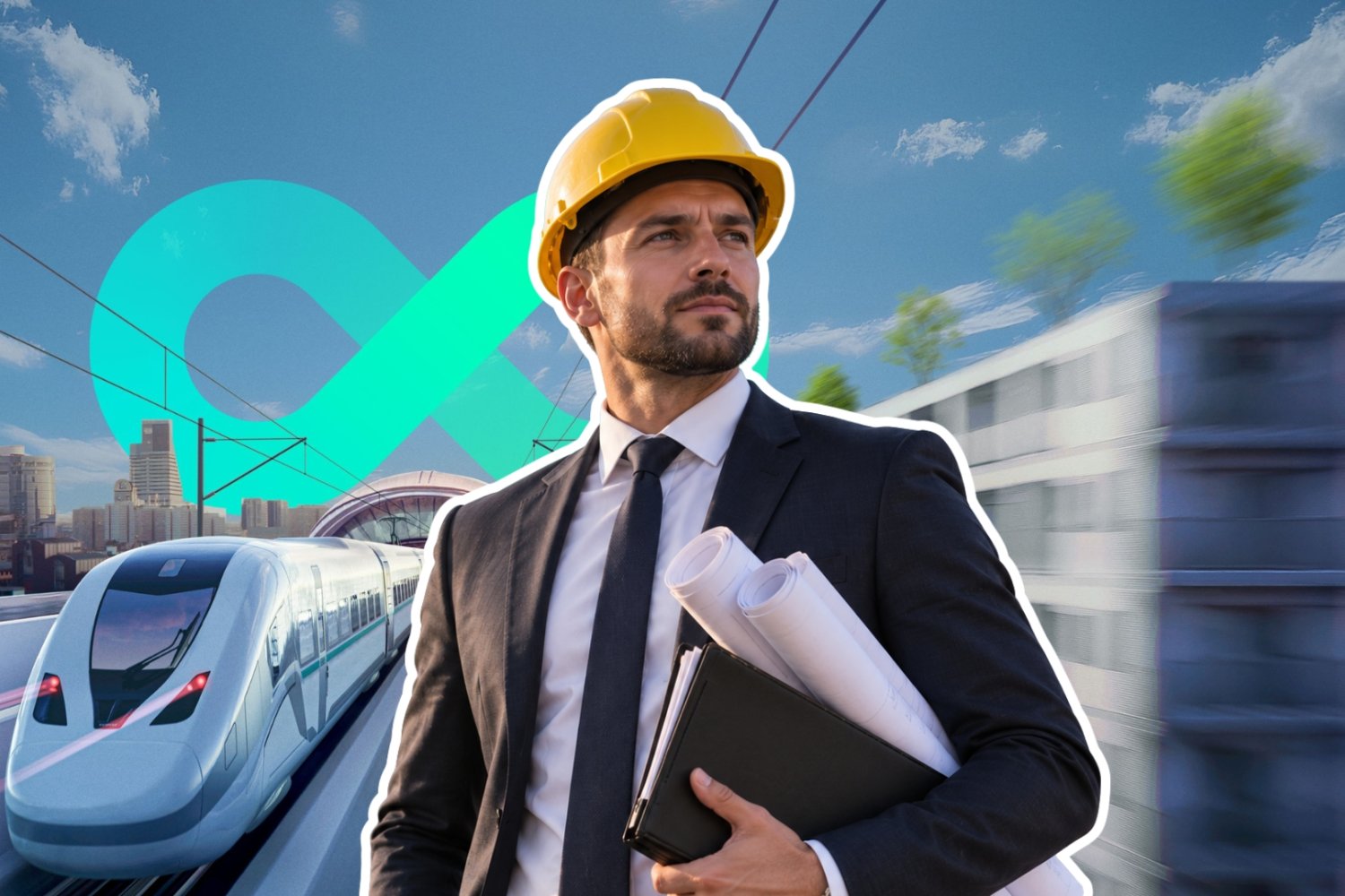 Mężczyzna w garniturze i zoltym kasku z dokumentami. W tle pociąg i symbol nieskończoności Siemens mobility.