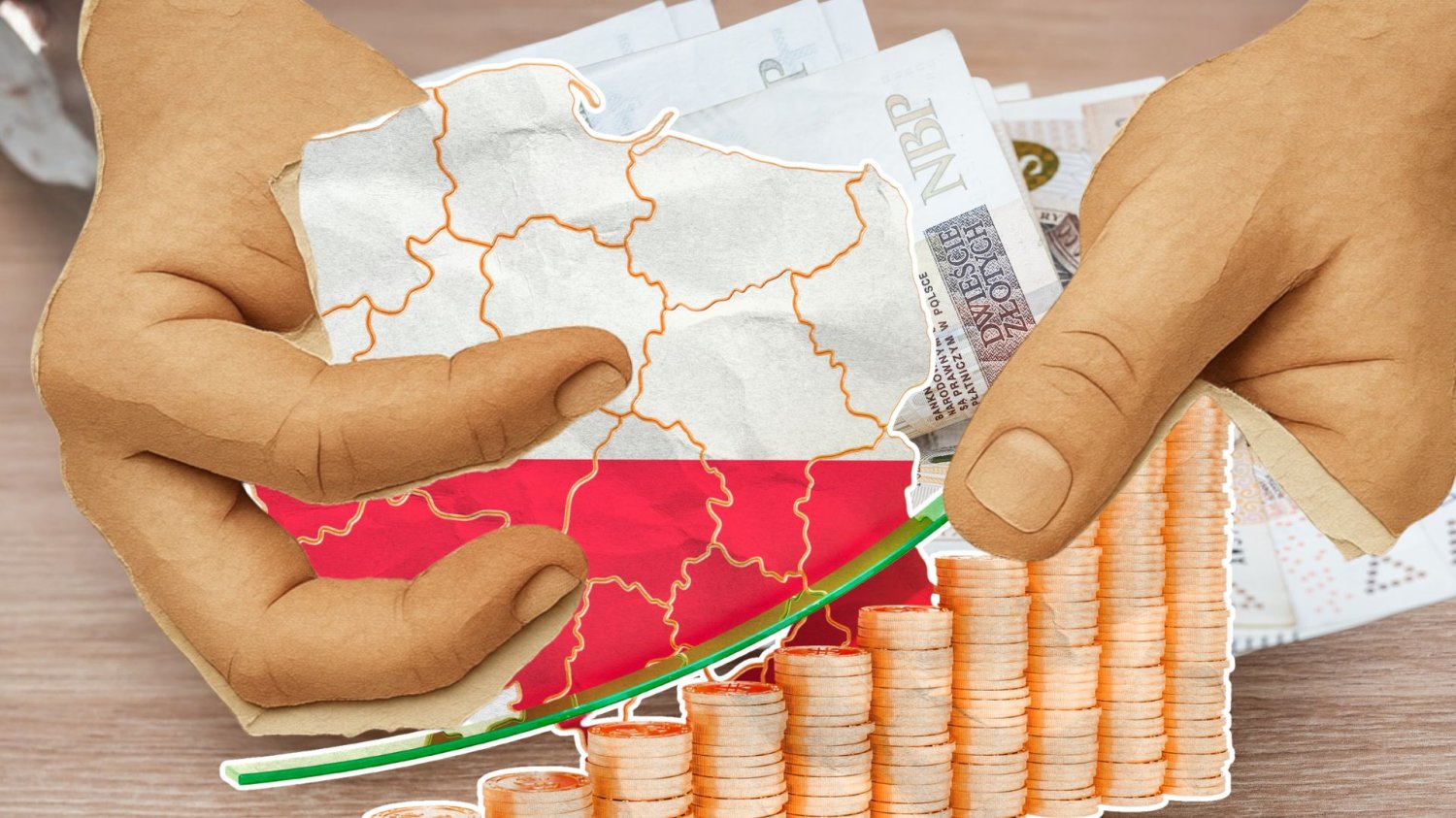 Dłonie trzymające pieniądze i mapę Polski z rosnącym wskaźnikiem.