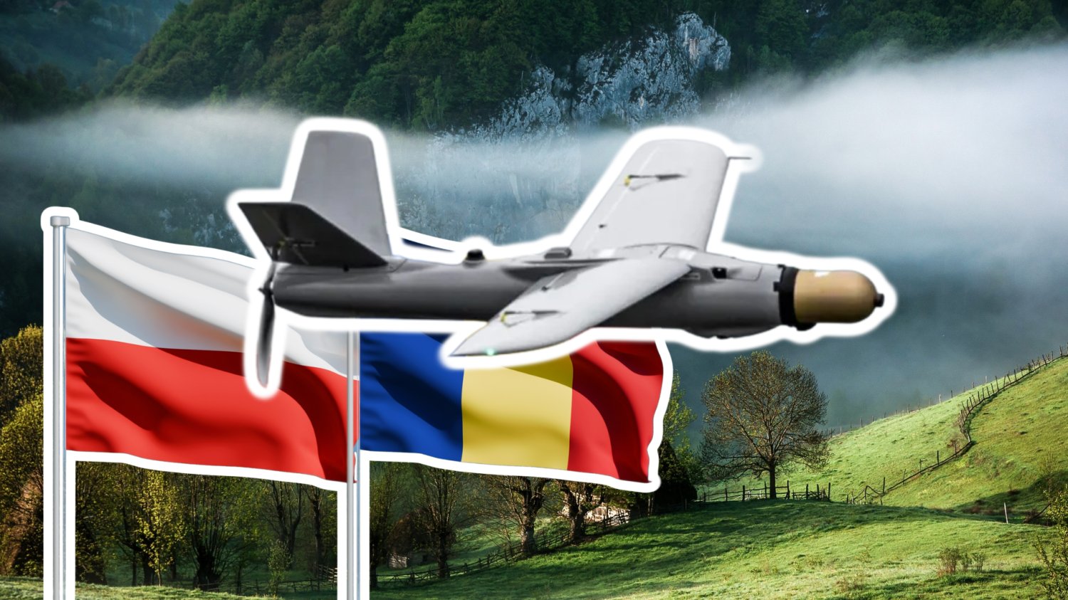 Rumunia kupuje polskie drony za pieniądze z SAFE. Technologia znad Wisły podbija Europę Polski dron nad Rumunią. W tle flaga Polski i flaga Rumunii.