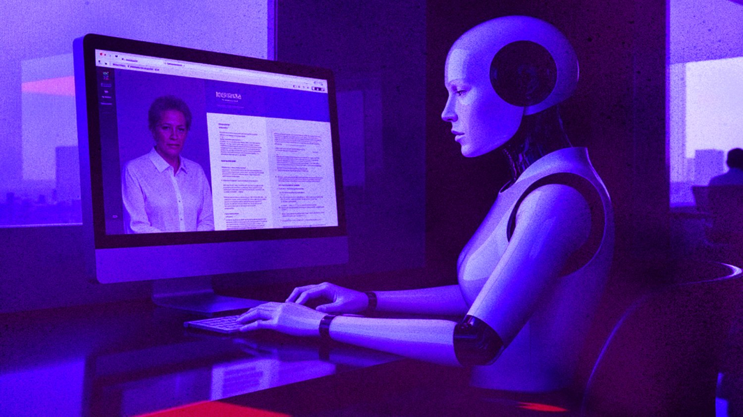 Robot czyta dokument na ekranie komputera. Jak napisać CV pod sztuczną inteligencję?