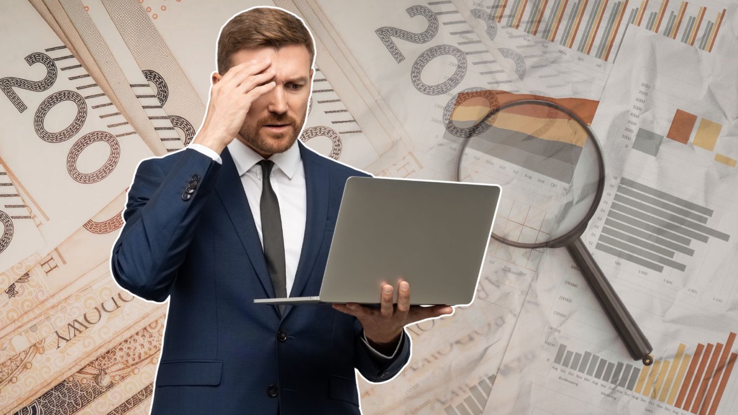 Mężczyzna sprawdza laptopa z przejęciem, w tle lupa, dokumenty i pieniądze.