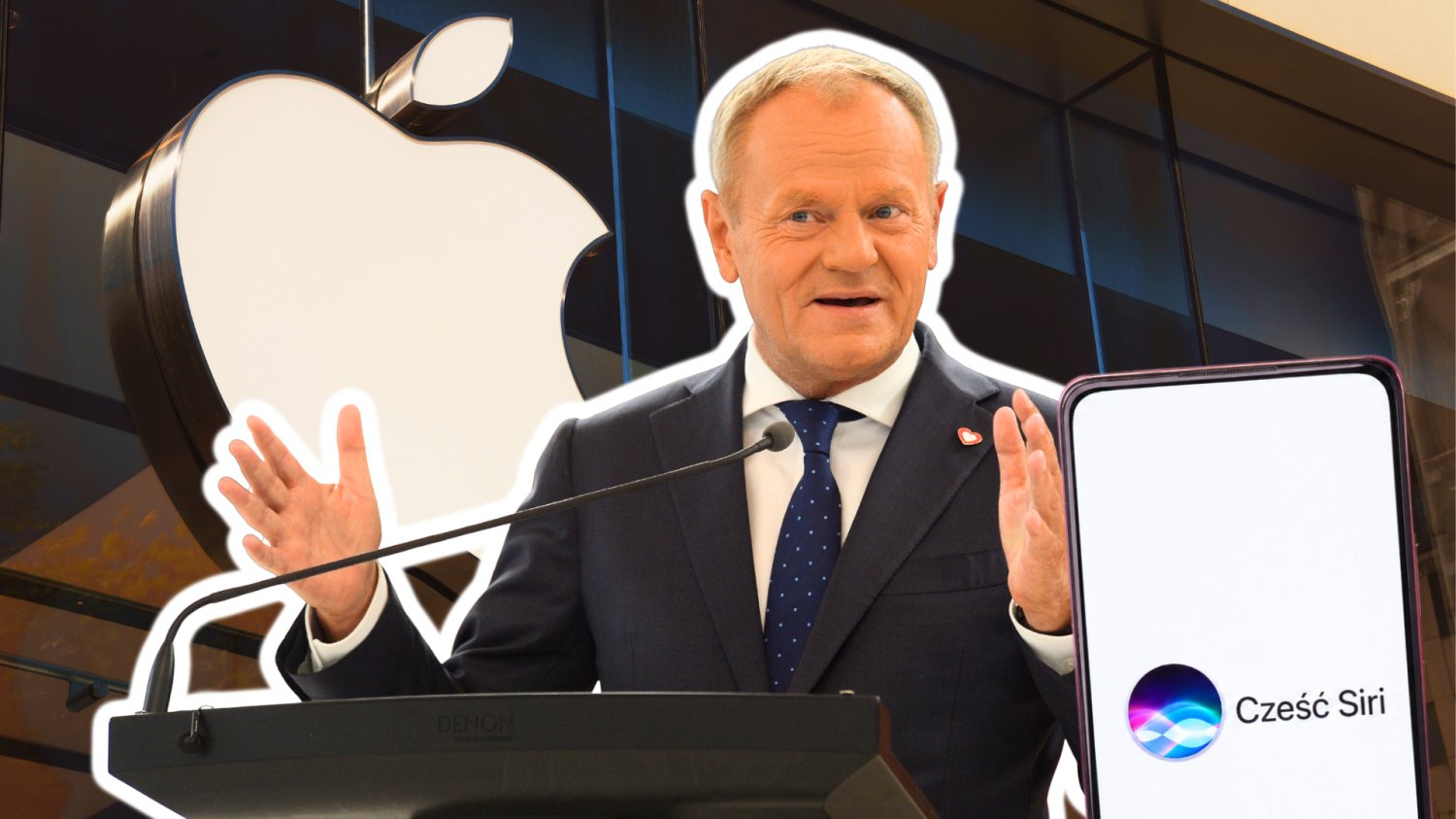 Donald Tusk. Telefon z napisem Cześć Siri. W tle budynek Apple