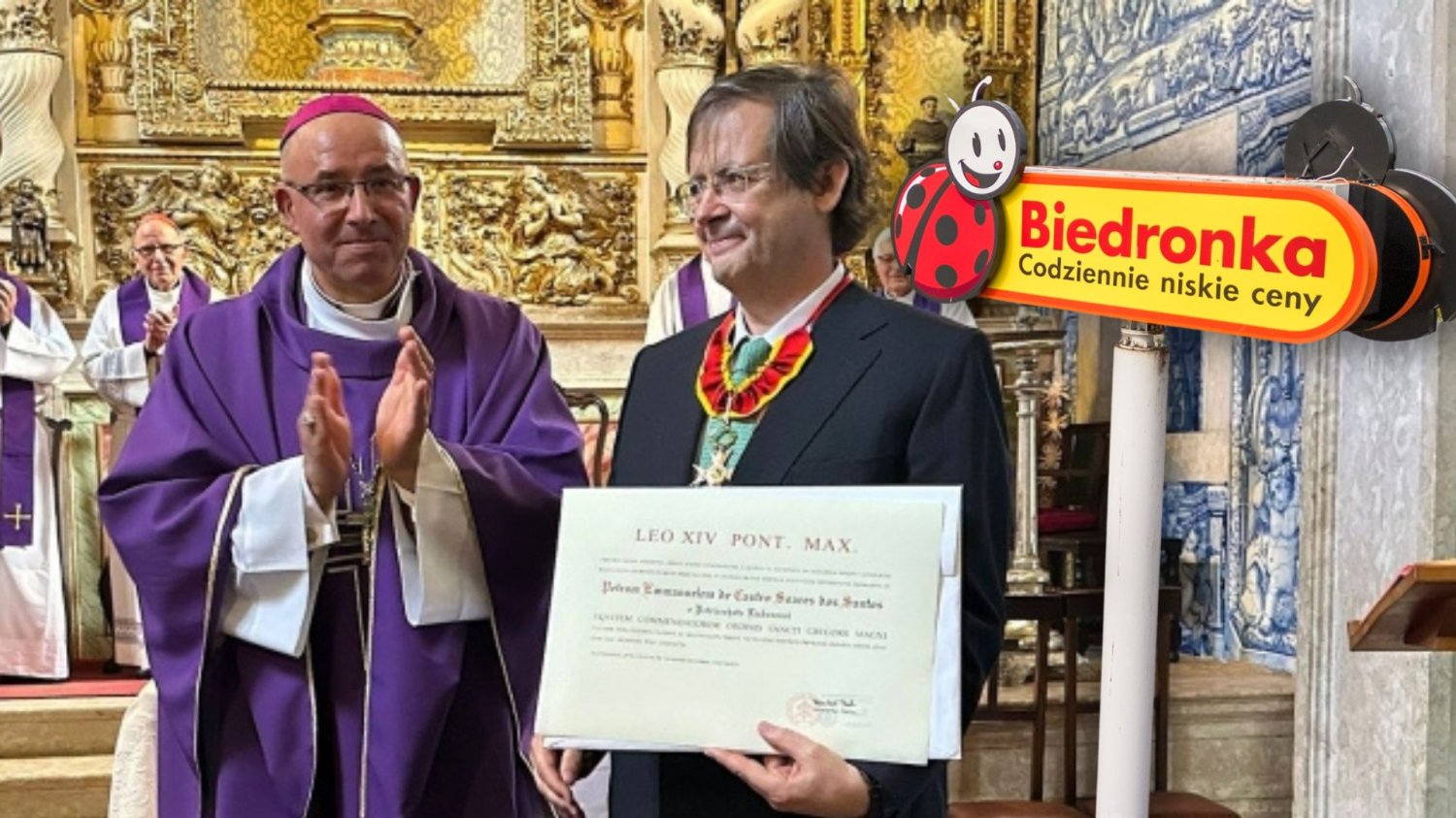 Patriarcha Lizbony Rui Valério, prezes Biedronki Pedro Soares dos Santos, logo sklepu Biedronka.