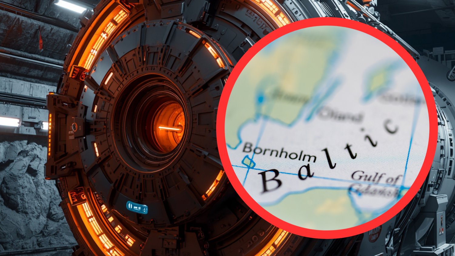 Wygenerowana przez AI maszyna TBM. Mapa z napisem Baltic w czerwonym kółku.