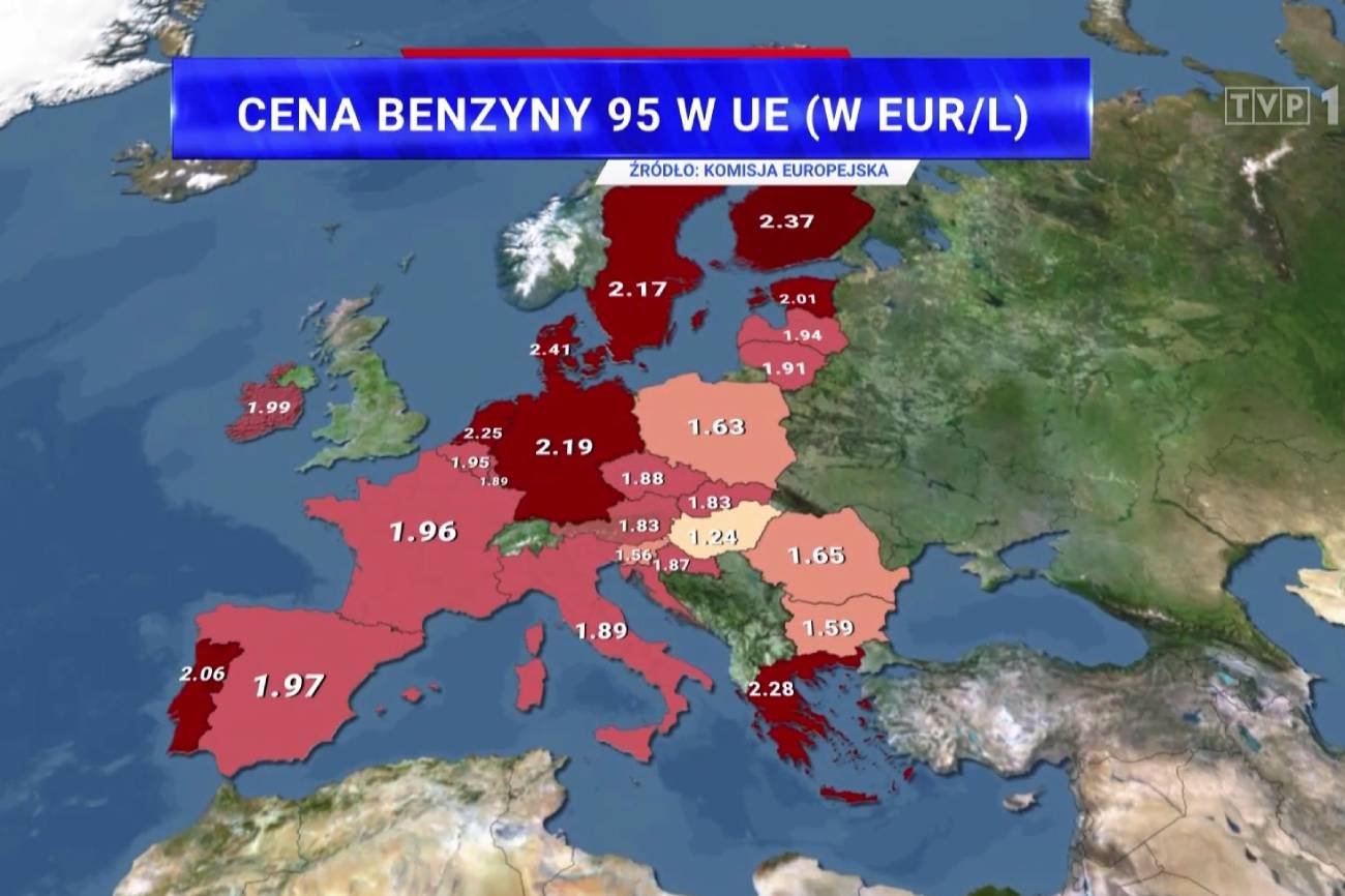 Mapa cen paliw w Europie, zestawienie "Wiadomości" TVP