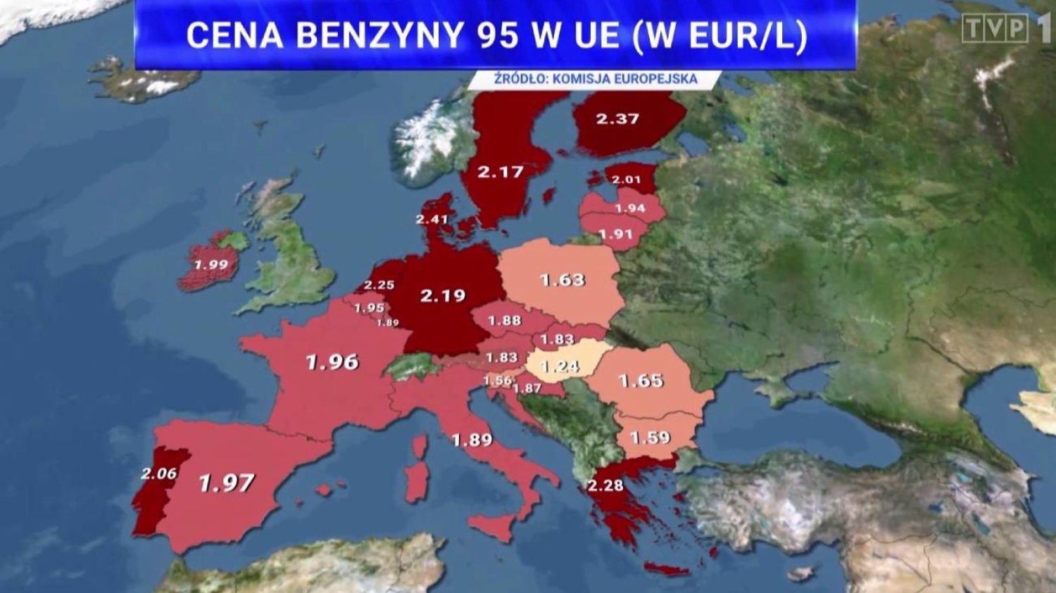 Mapa cen paliw w Europie, zestawienie "Wiadomości" TVP