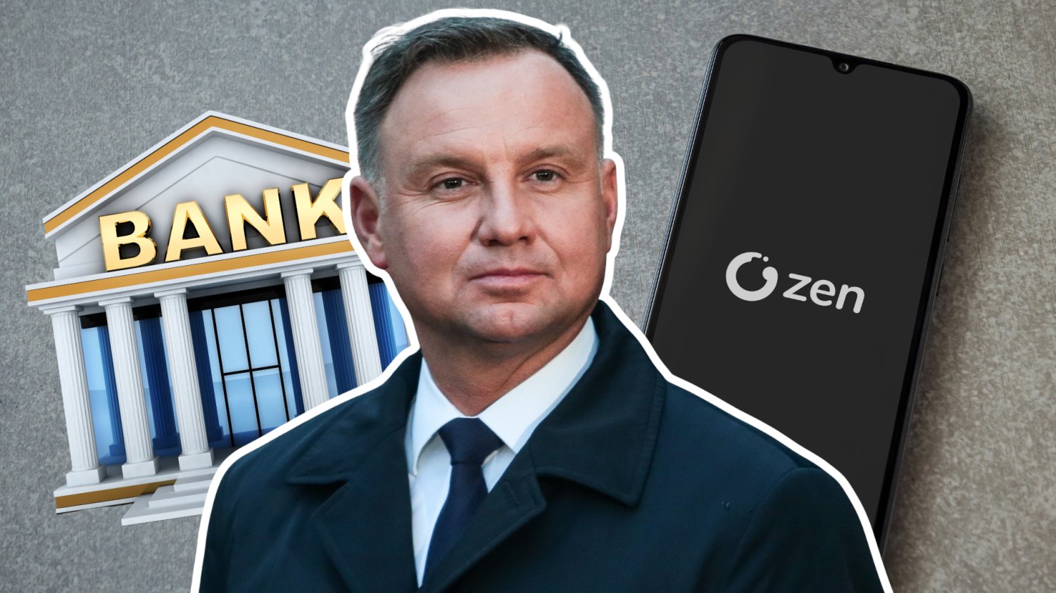 Andrzej Duda. W tle telefon z aplikacją Zen.com oraz Ikonka Banku.