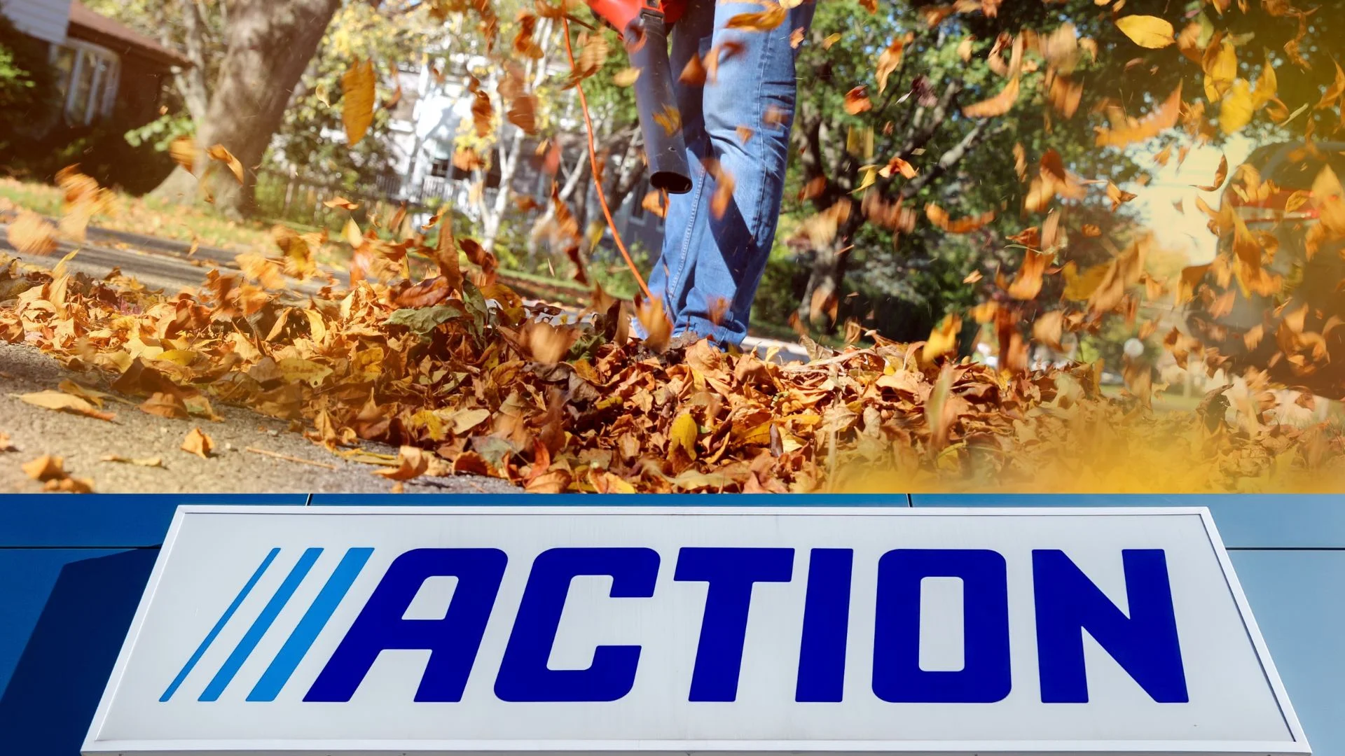 Promocja tygodnia w Action przygotuje cię na jesień. Praktyczne wyposażenie w supercenach Dmuchawa do liści i logo Action.