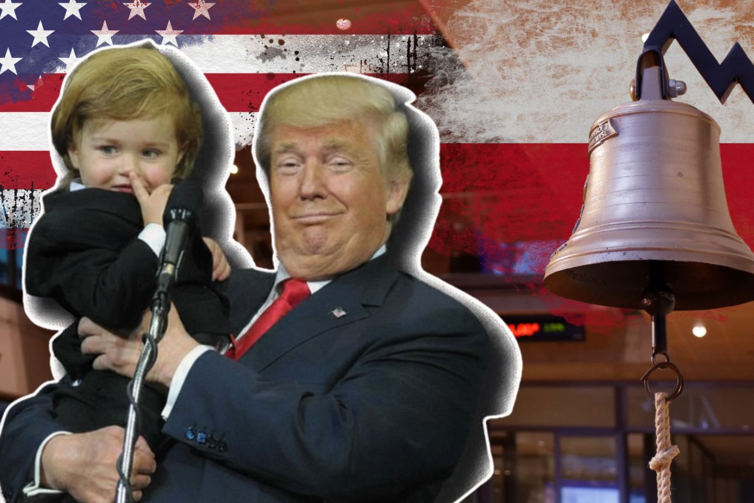 Donald Trump trzyma dziecko na tle flagi USA, Polski i tła GPW.