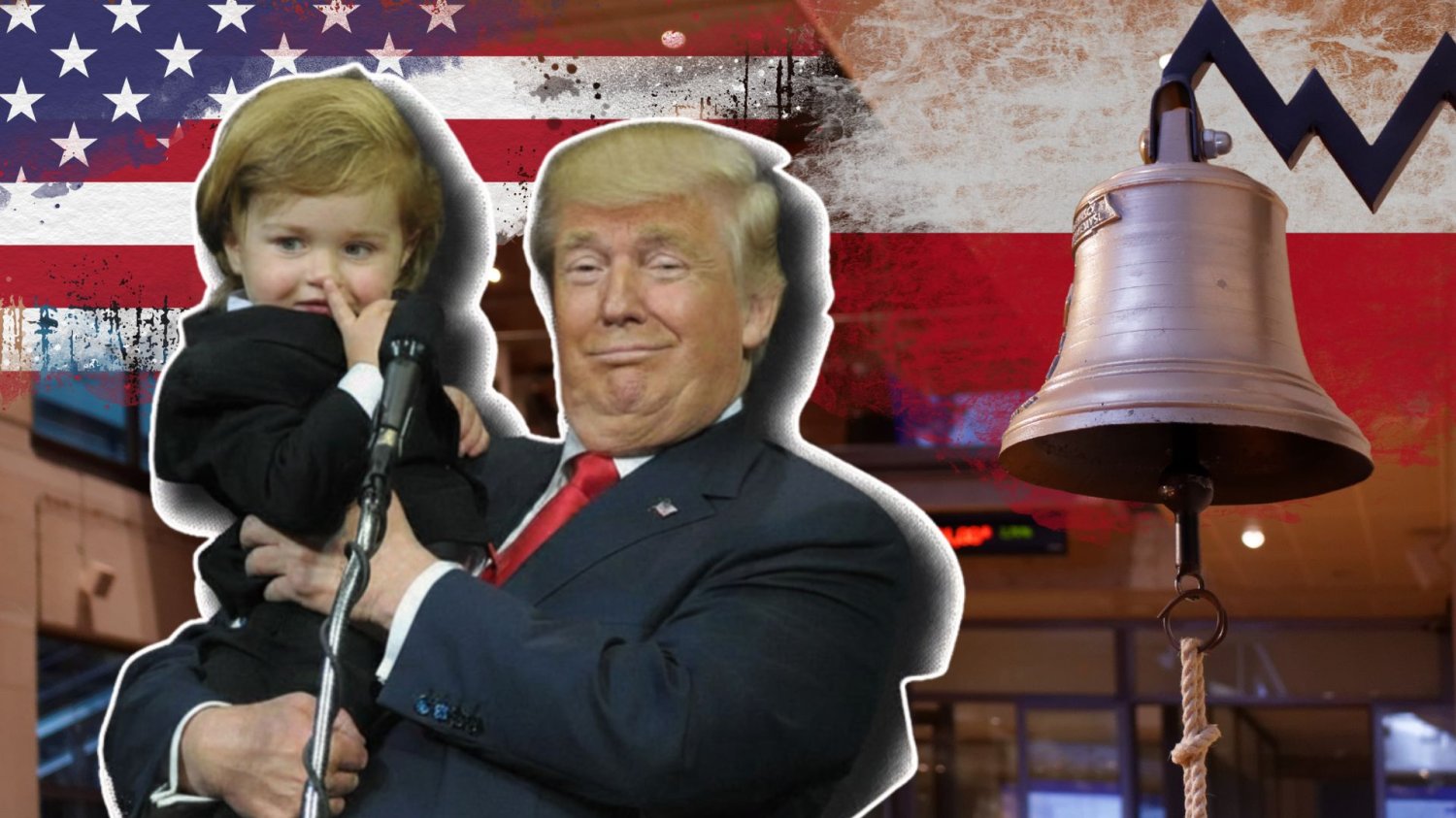 Donald Trump trzyma dziecko na tle flagi USA, Polski i tła GPW.