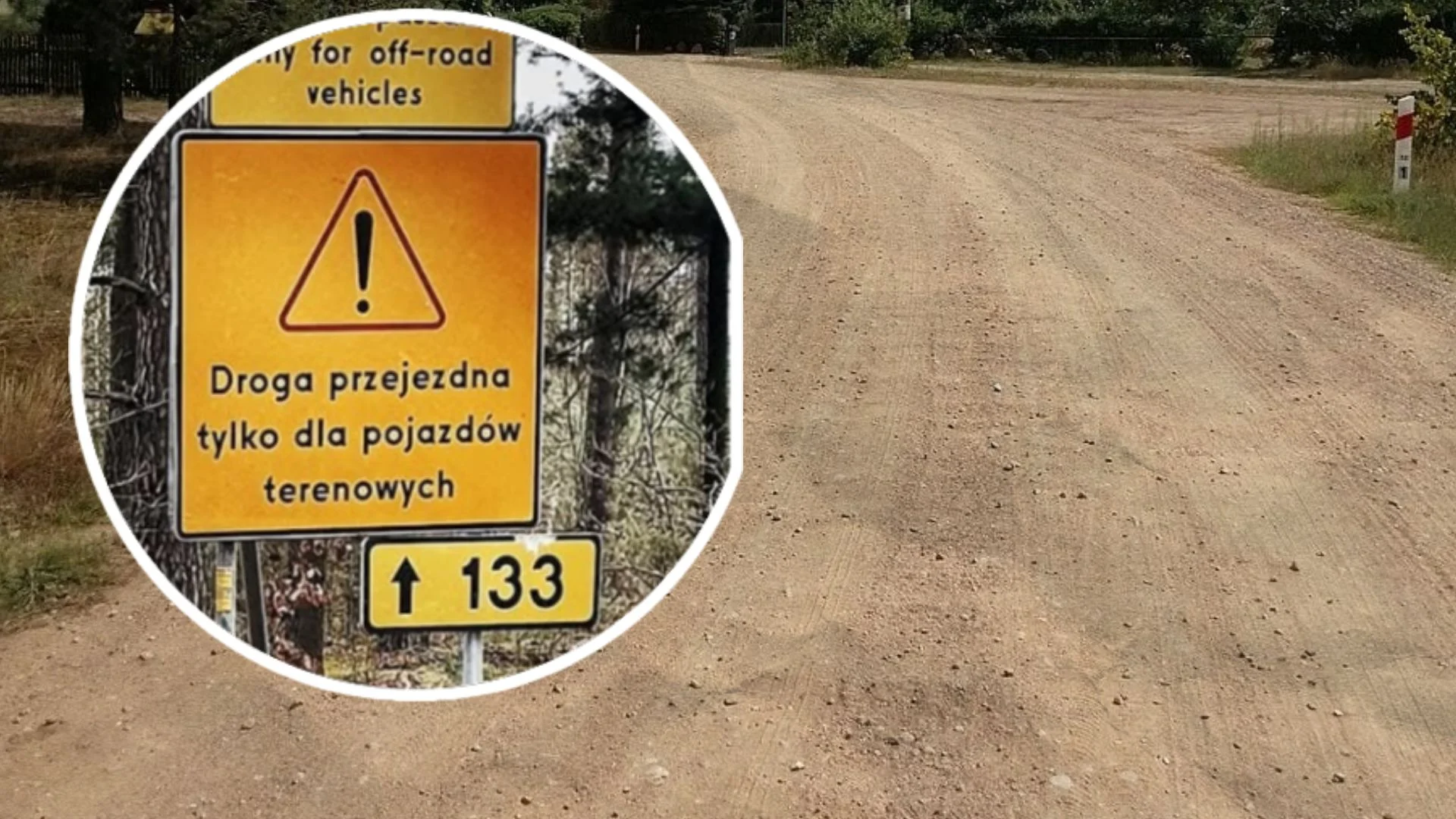 DW 133 i tablice z ostrzeżeniami.