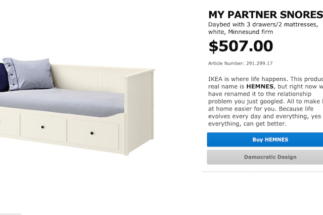 Tapczan Ikea przechrzczono na "mój partner chrapie".