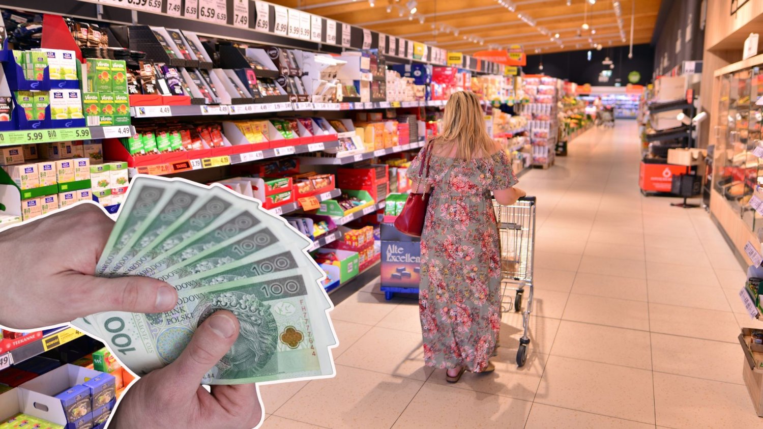 Zakupy w sklepie. Plik banknotów.