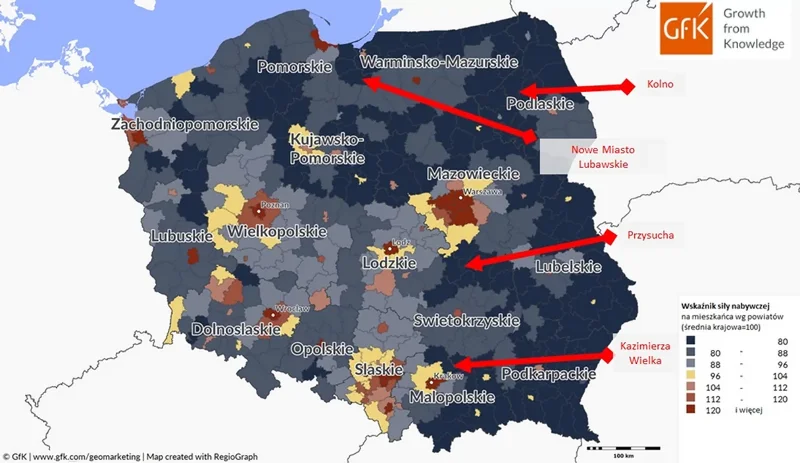 Mapa Polski opracowana na podstawie wskaźnika siły nabywczej