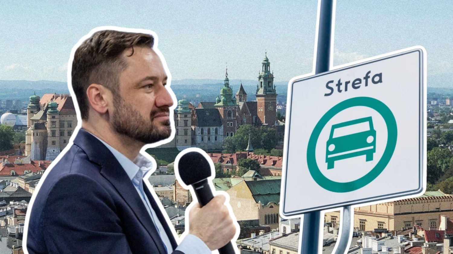 Miszalski luzuje zasady SCT w Krakowie pod presją. "Fajny fikołek, ale nikt się na to nie nabierze" Prezydent Krakowa Alekdander Miszalski, znak Strefy Czystego Transportu na tle panoramy Krakowa.