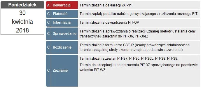 Na stronie Ministerstwa Finansów znajduje się kalendarz, w którym zaznaczone są wszystkie ważne dla podatników daty.