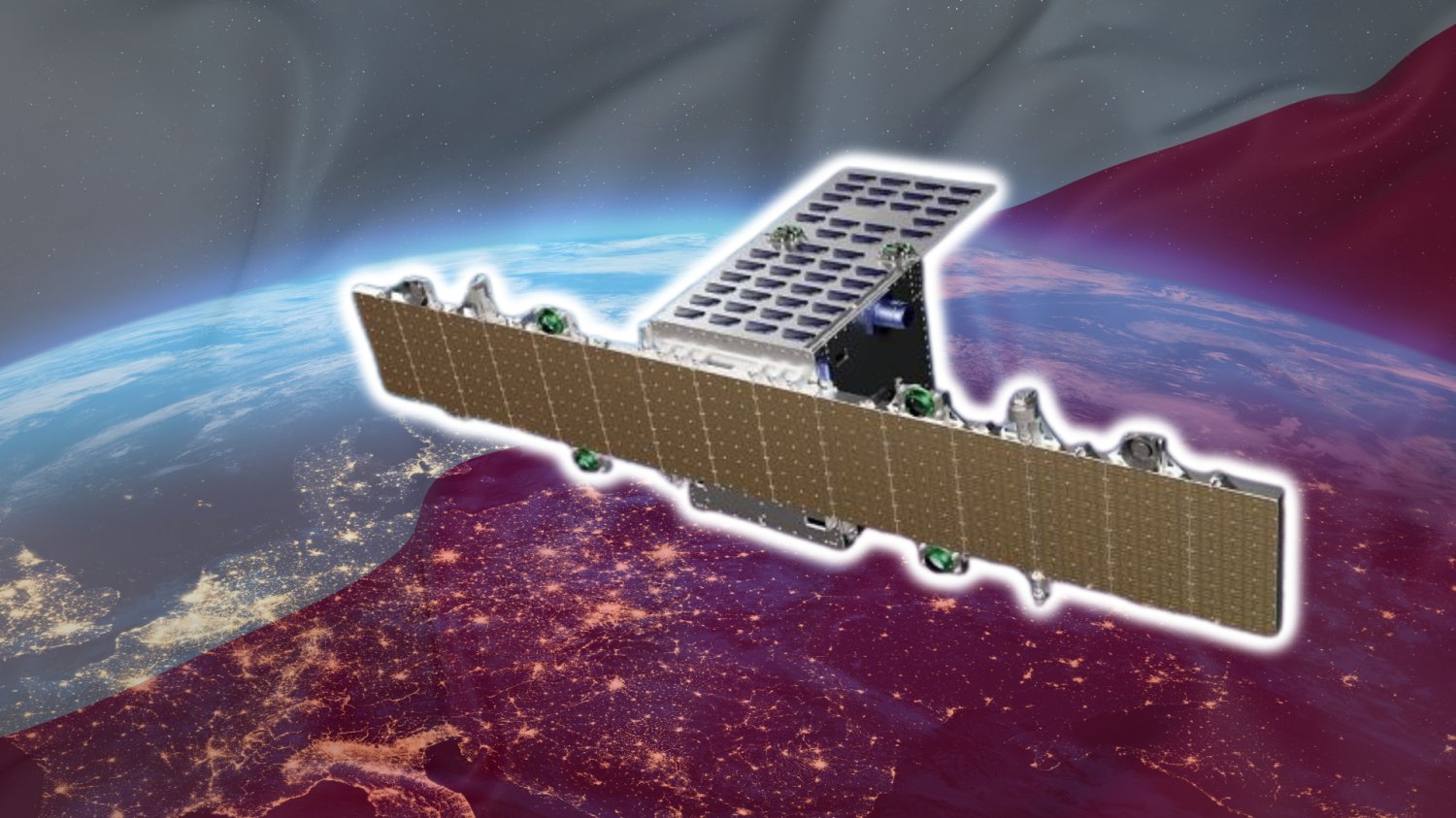 W tle planeta ziemia i kosmos. Flaga Polski i satelita EYCORE-1