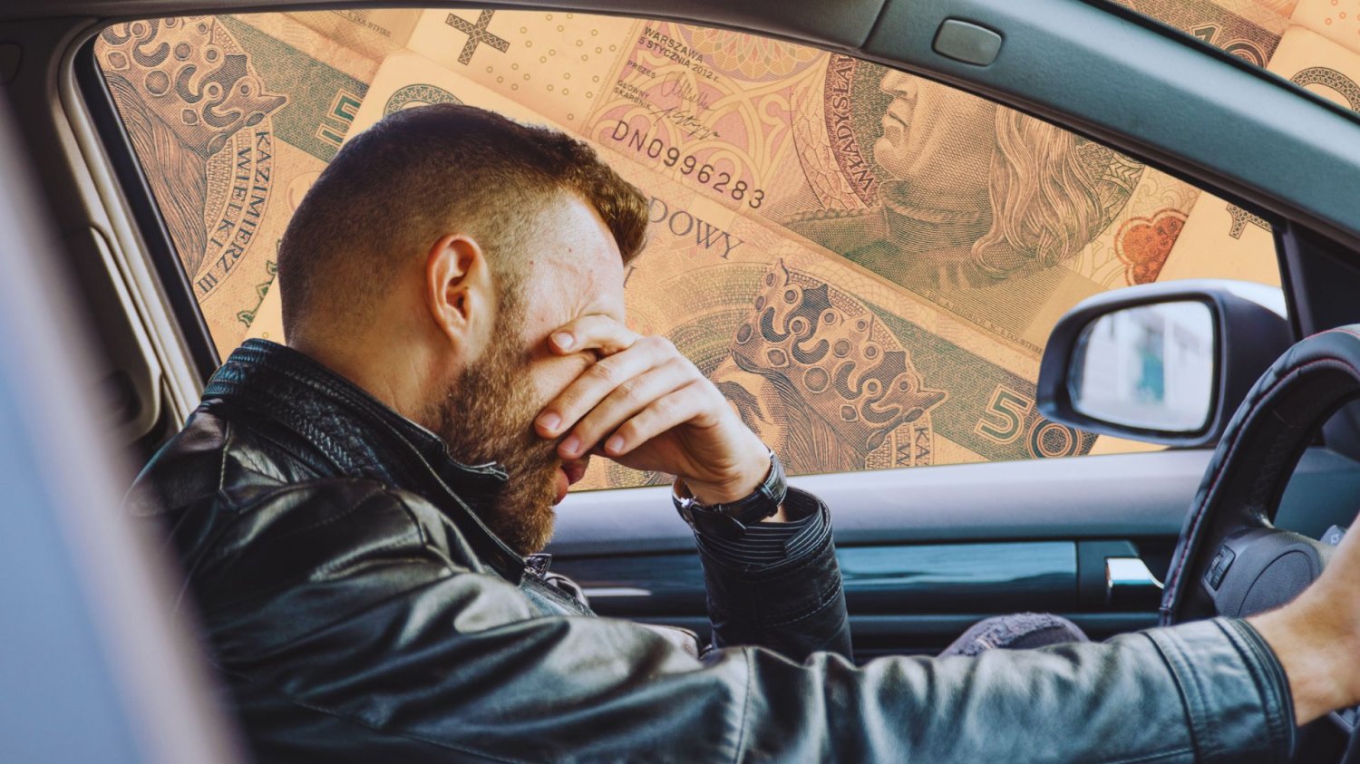 Załamany kierowca w samochodzie, za szybą banknoty polski złoty. W 2026 roku zapłacisz więcej za rejestrację i prawo jazdy. Samorządowcy domagają się większych podwyżek