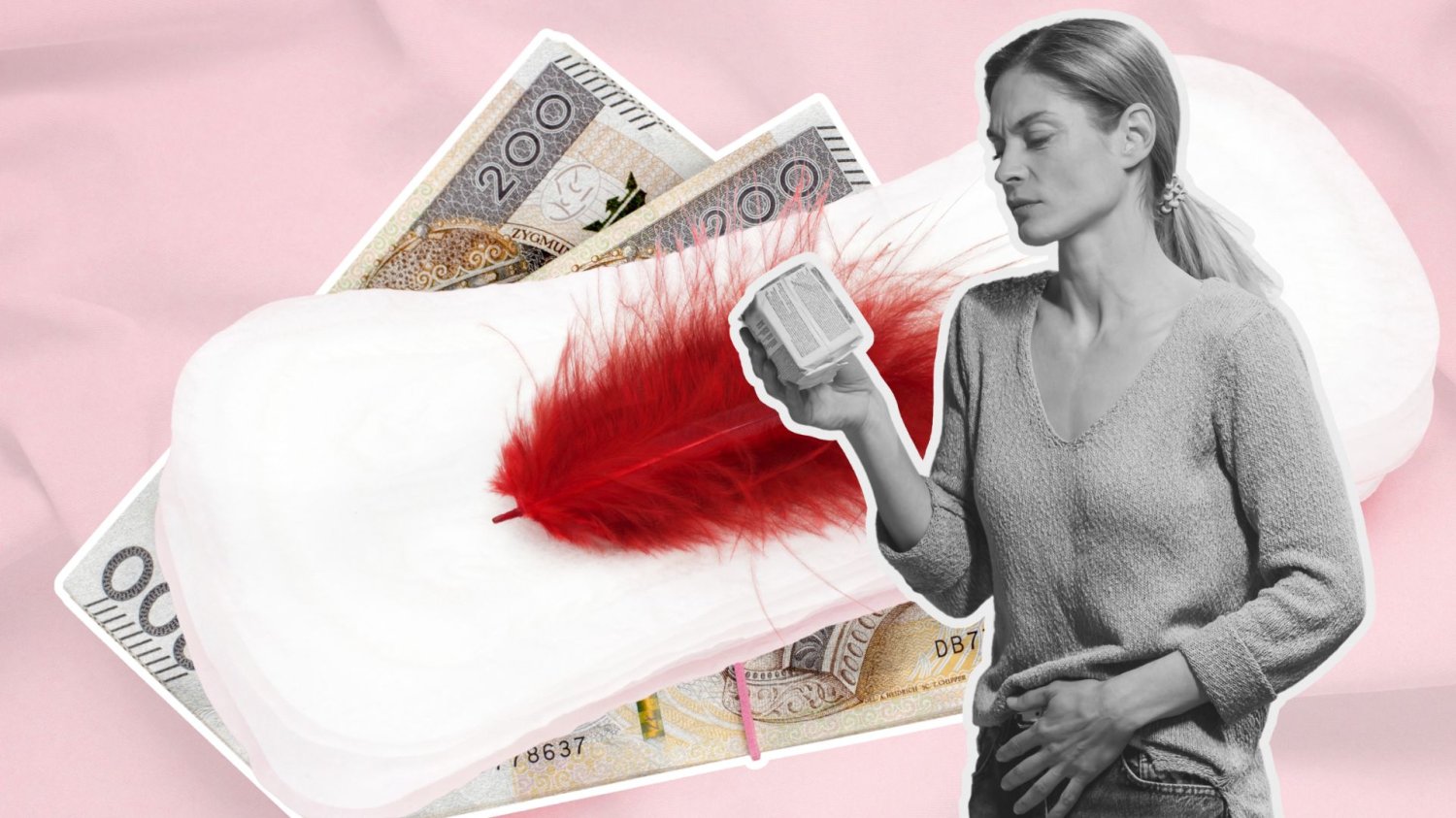 Kobieta z bólem menstruacyjnym na tle podpaski i pieniędzy. Omawiamy koszty kobiet w Polsce.