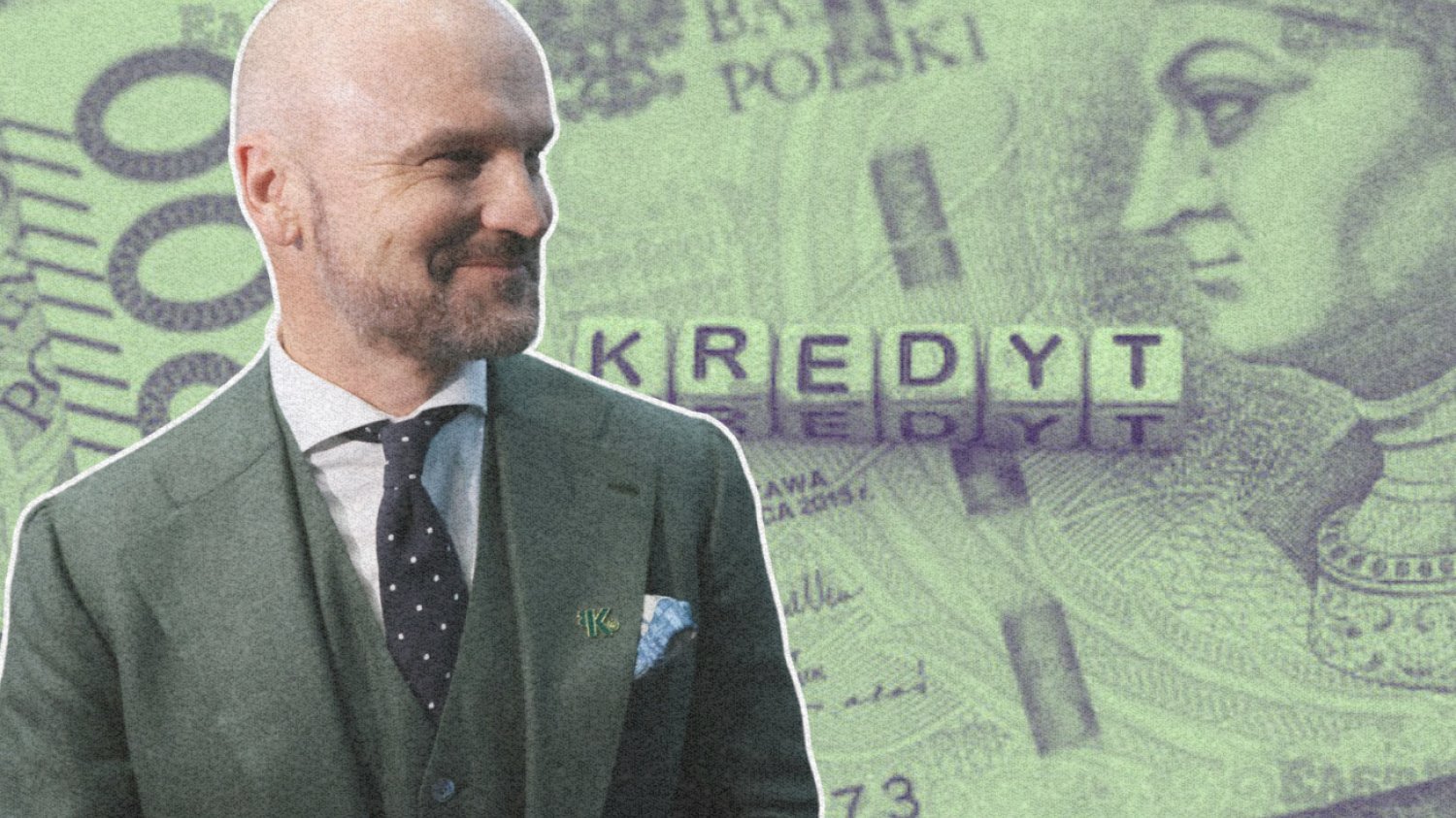Rafał Brzoska na tle banknotu i słów "kredyt".