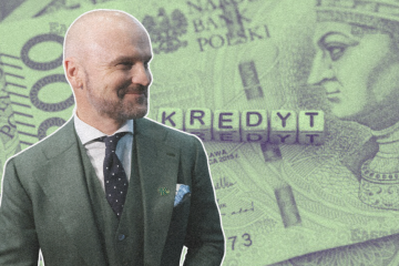Rafał Brzoska na tle banknotu i słów "kredyt".