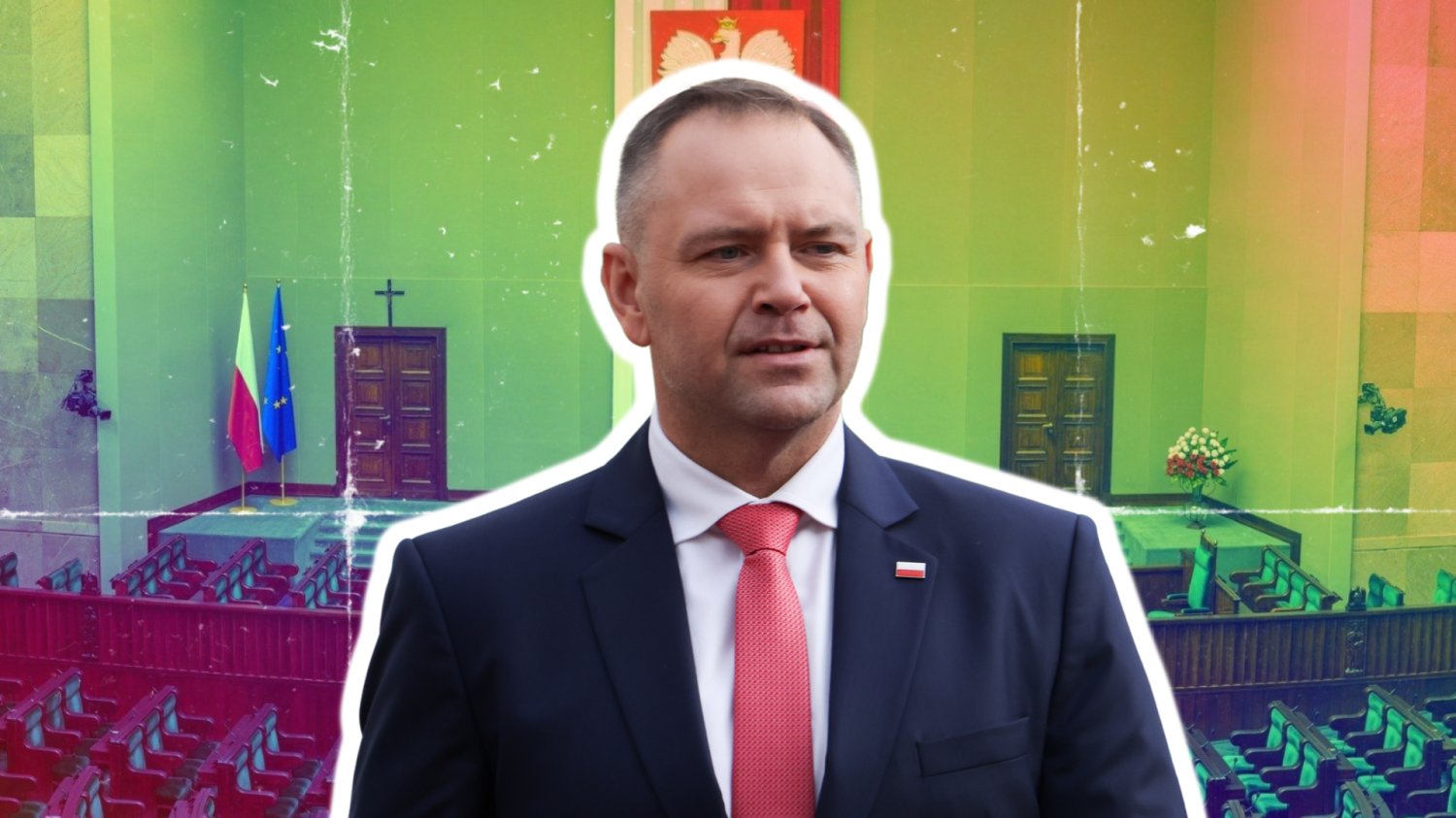 Karol Nawrocki-prezydent Polski. W tle sala sejmowa.