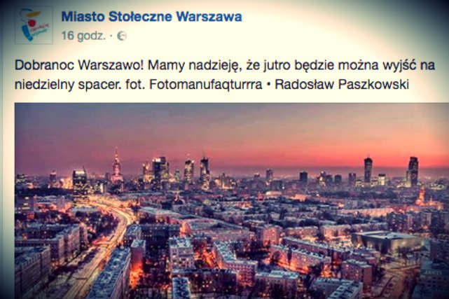 Screen posta zamieszczonego przez Miasto Stołeczne Warszawa na Facebooku.