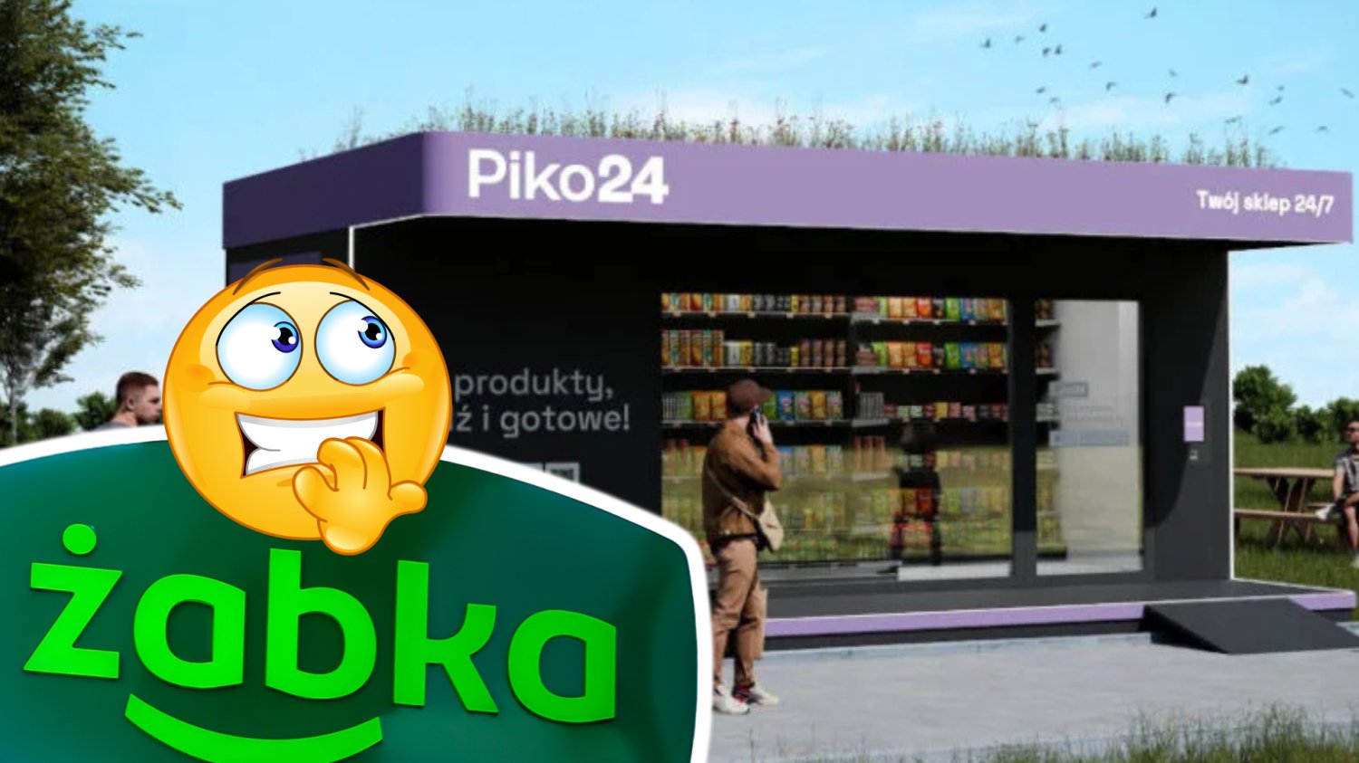 Piko24 rozwija sklepy autonomiczne. Żabka może stracić część klientów Wizualizacja sklepu Piko24. Logo Żabka i emotka obgryzająca paznokcie ze stresu.