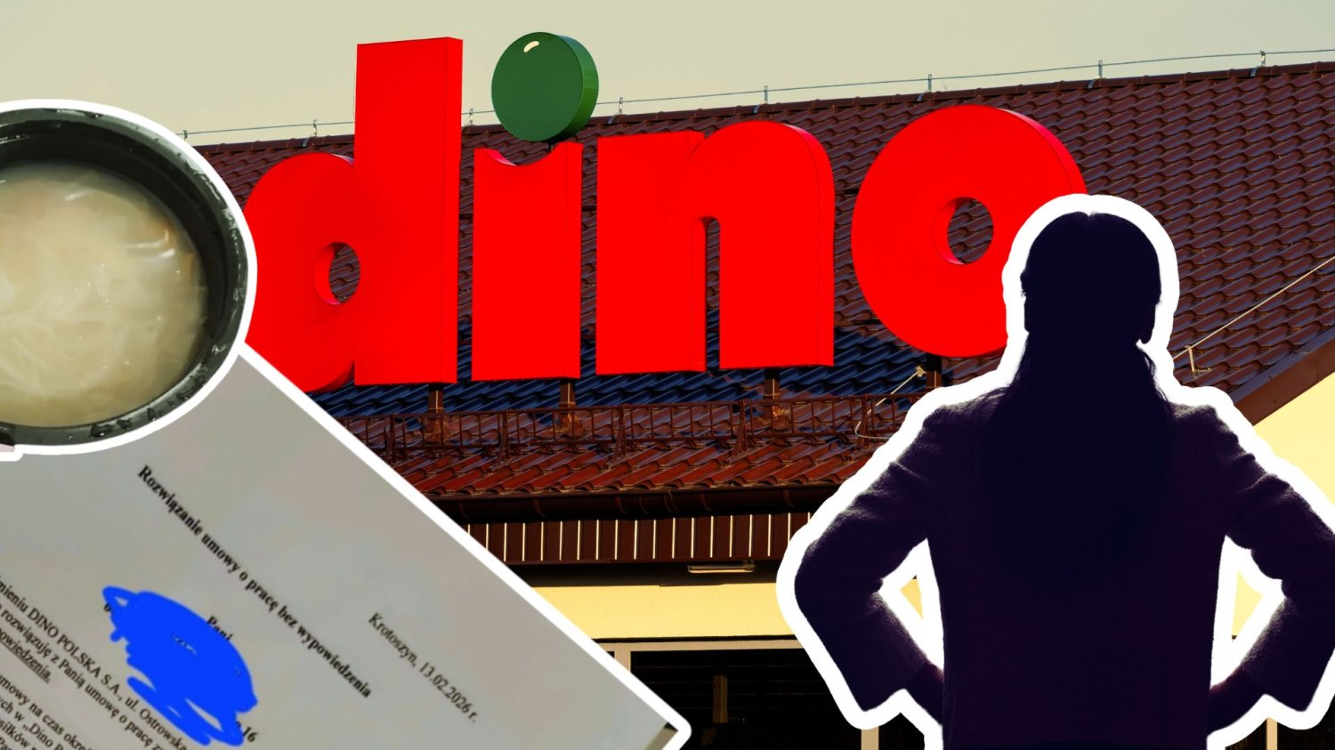 Znak sklepu Dino oraz wklejona kobieca sylwetka, zwolnienie dyscyplinarne i zupa (o której mowa w artykule). Dino wyrzuciło pracownicę za zdjęcie. “Dostałam w d***, bo pokazałam zupę” - mówi InnPoland