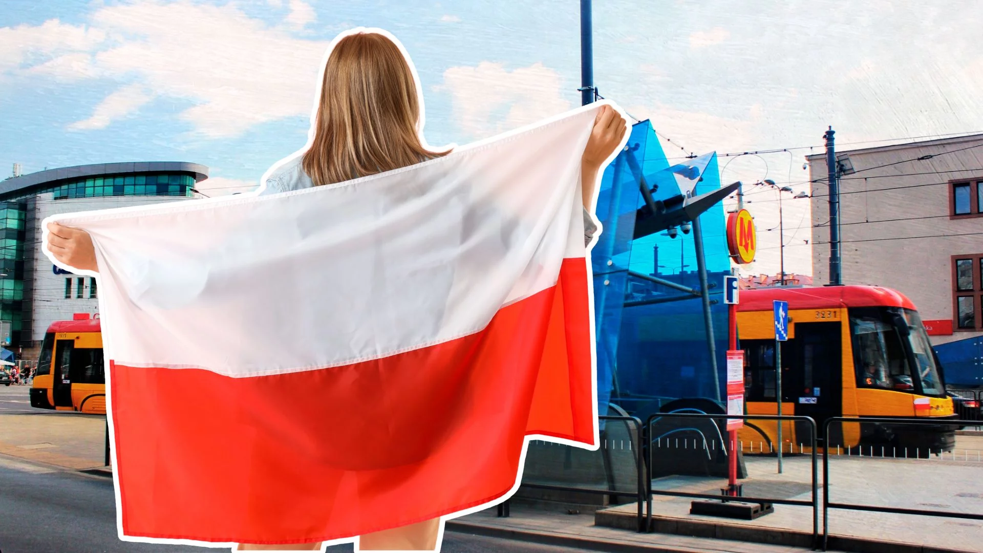 Kobieta z polską flagę na tle Warszawy.