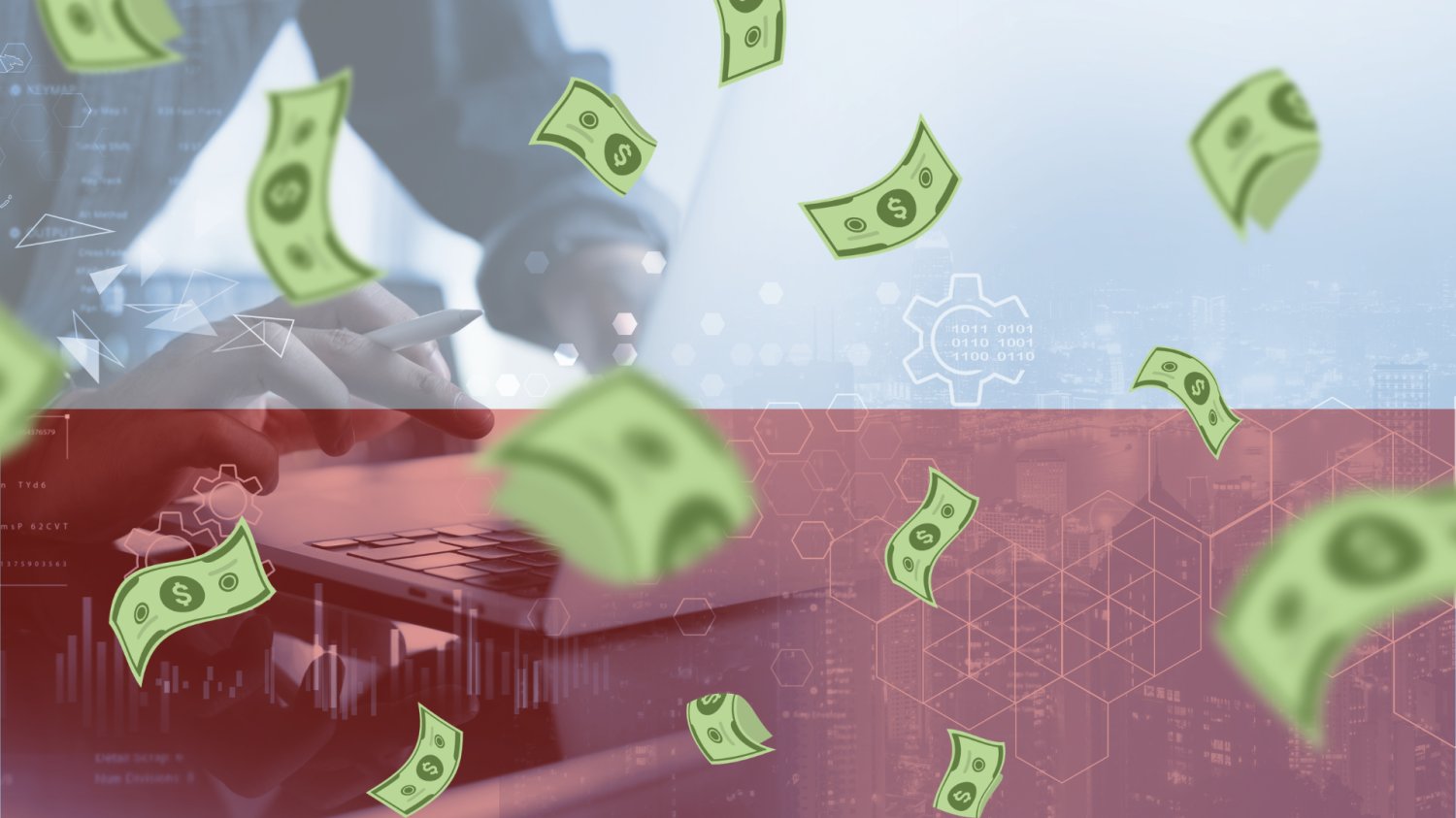 Polska firma Vigo Photonics przejmuje aktywa w USA. Tak wygląda prawdziwa ekspansja Mezczyzna obsluguje technologie uzywajac laptopa. Flaga Polski. Spdajace dolary.