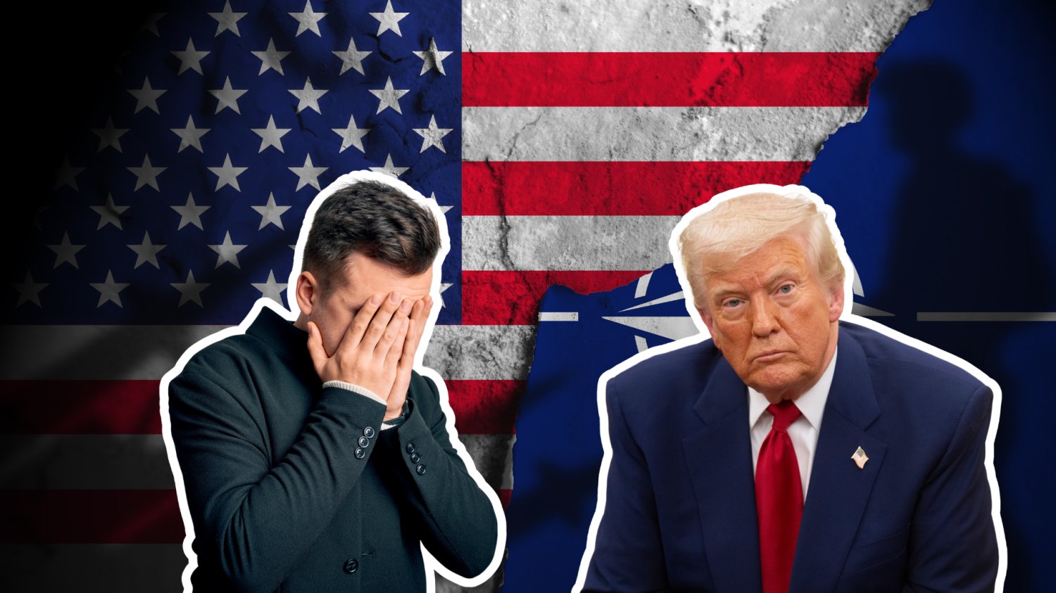 Donald Trump, załamany inwestor i flagi NATO oraz USA.