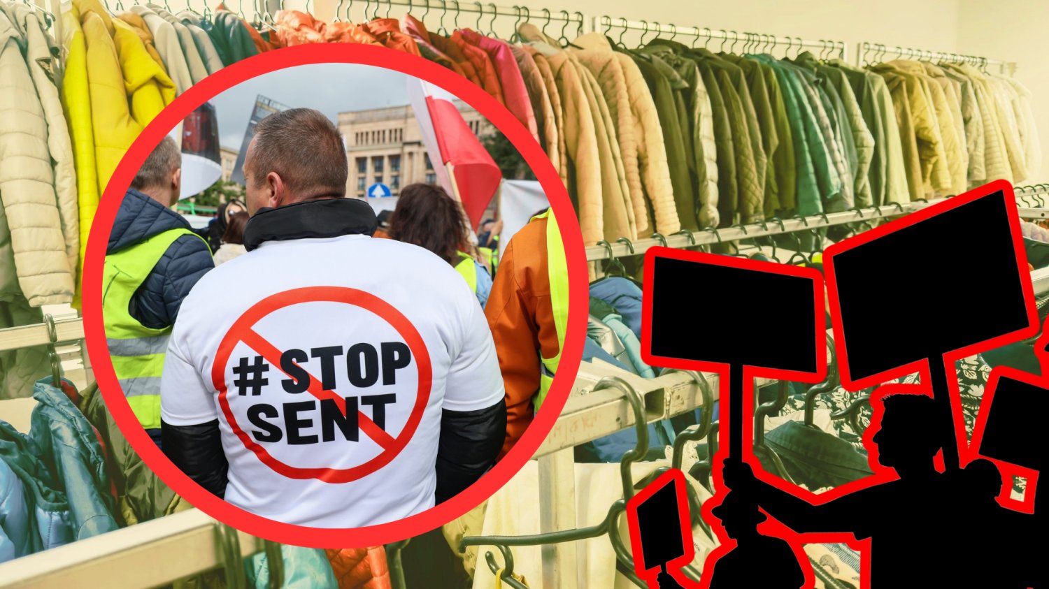 Handlowcy ruszyli na Warszawę. Branża odzieżowa mówi "dość" systemowi SENT Meżczyzna z kamizelką z napisem stop SENT strajkujący pod Ministerstwem Finansów. W tle sklep z ubraniami i strajkujące postacie.