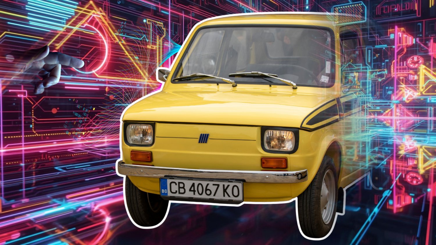Fiat 126P znikający w świecie komputerowym, w świecie danych. W tle pędzące dane w kolorowych strugach.