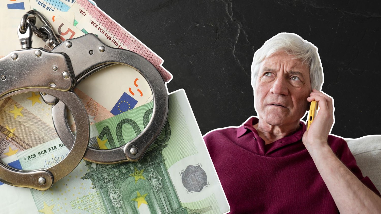 Euro, kajdanki i zaniepokojony senior na telefonie.