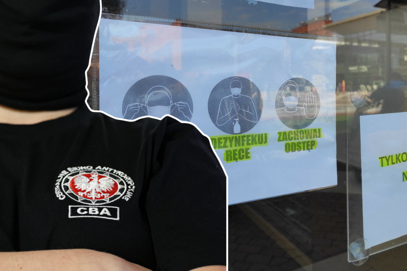 Funkcjonariusz CBA na tle sklepu w czasach pandemii.