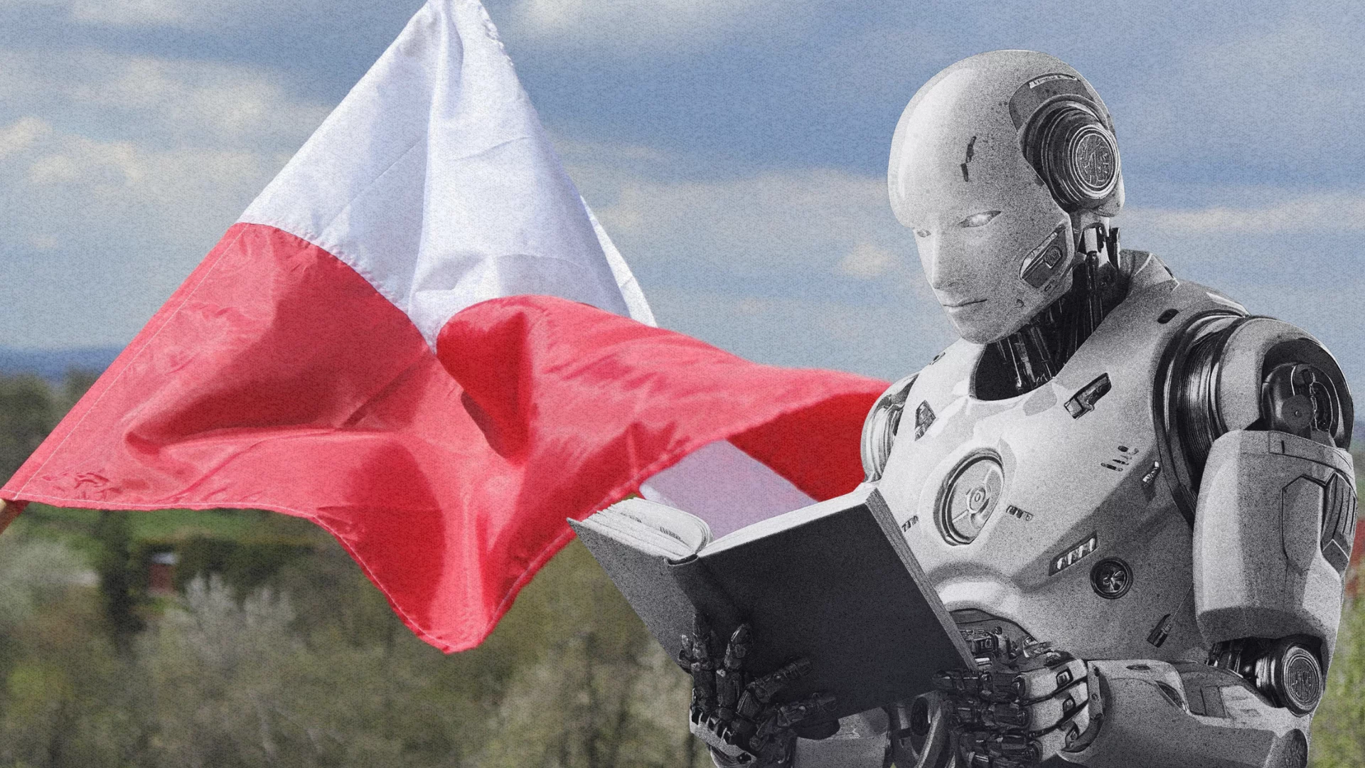 Robot czyta książkę na tle polskiej flagi