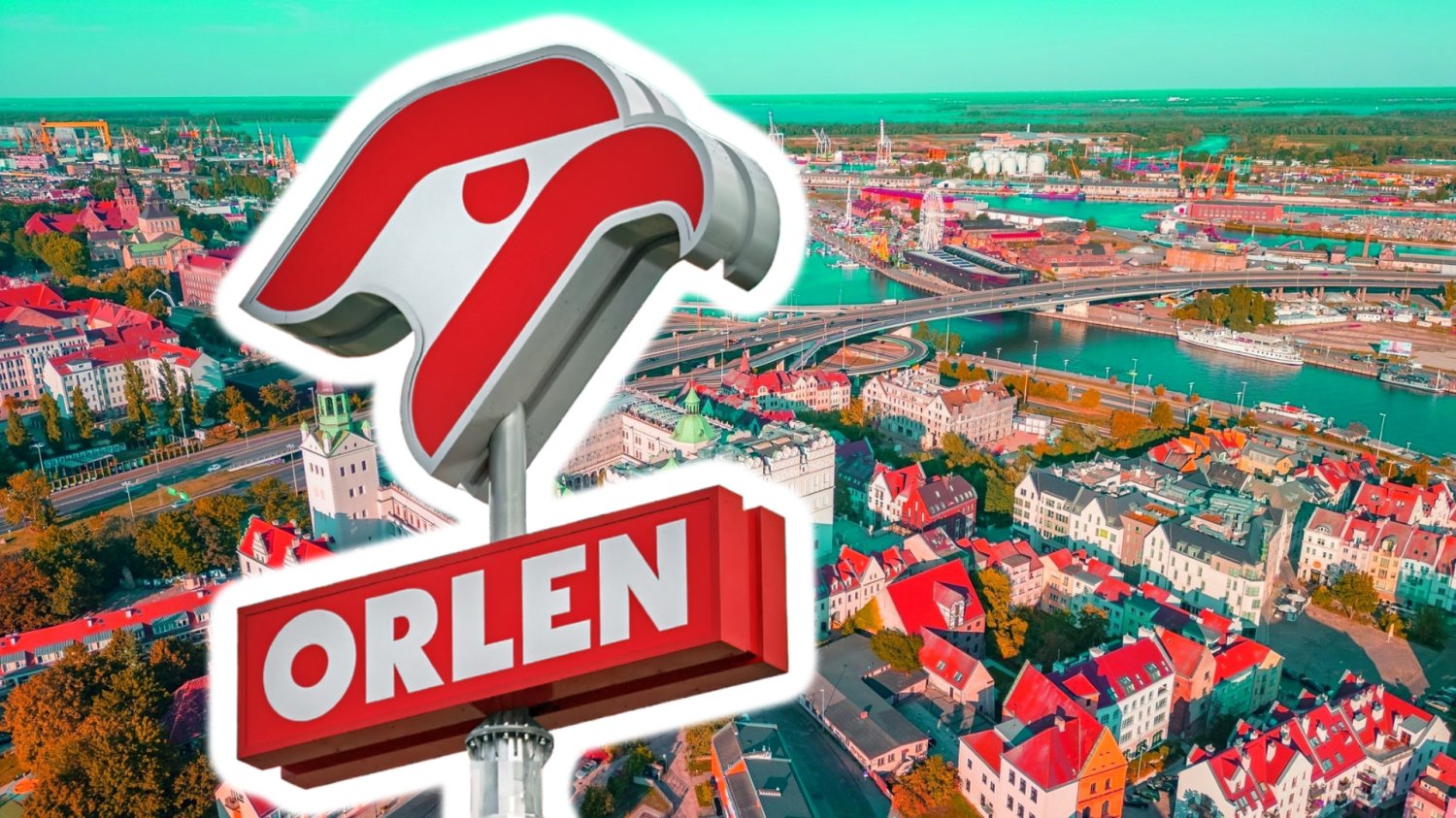 Orlen buduje hub wodorowy w Szczecinie. Zachodniopomorskie napędzi przyszłość kraju Panorama Szczecina. Logo Orlen.