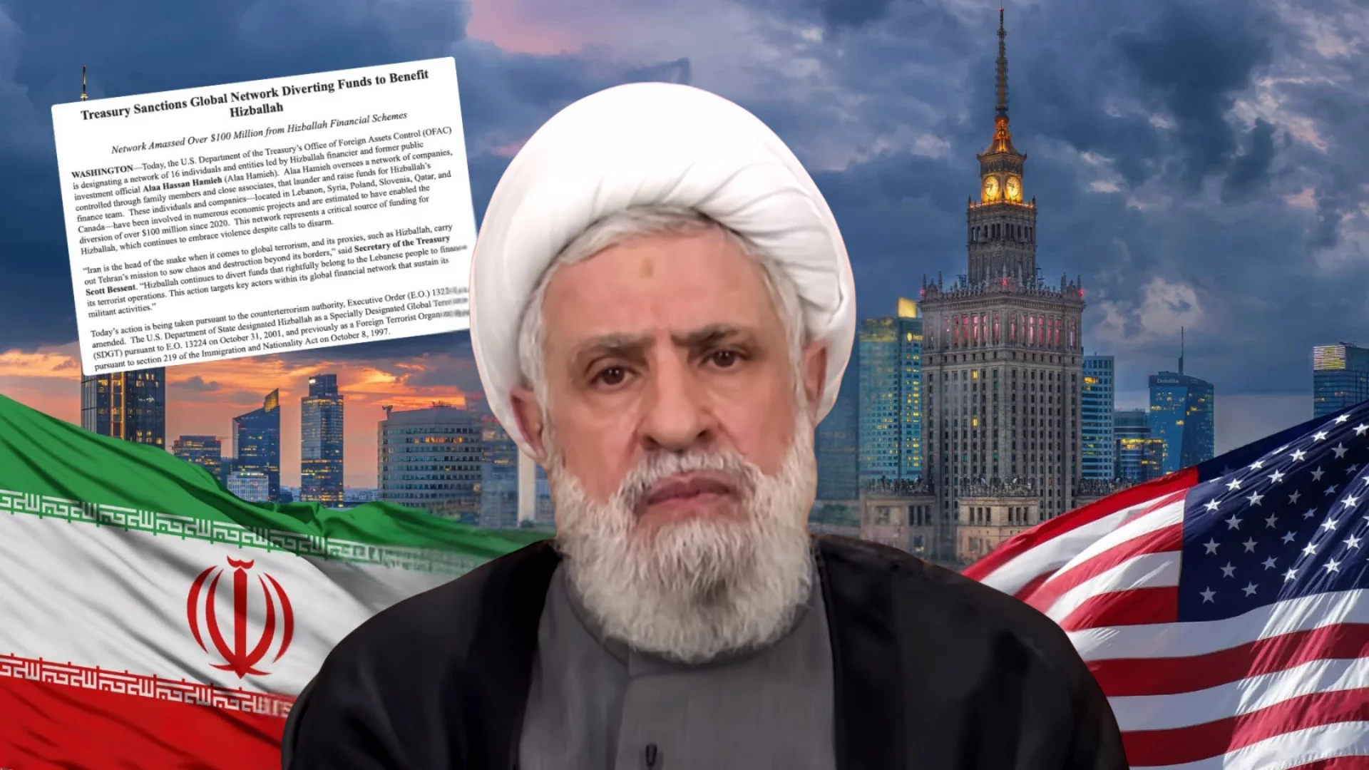 Firma z Warszawy na liście sankcji USA. Trudno uwierzyć, ale chodzi o Hezbollah Dowódca Hezbollah. Flagi Iranu i Ameryki. W tle Warszawa.