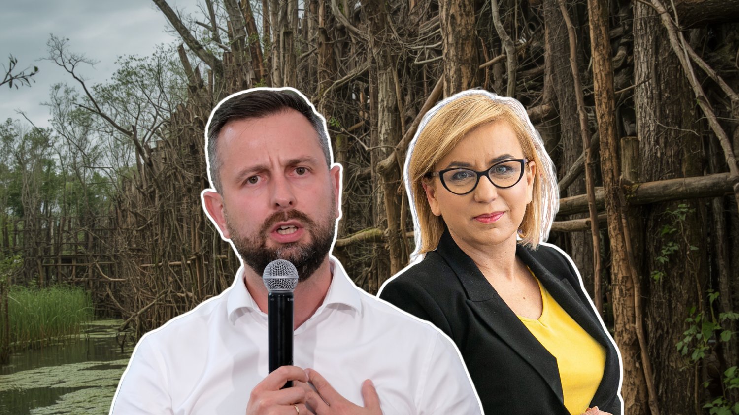 Tarcza Wschód ma zmienić polskie lasy. Bagna i drzewa stworzą naturalną fortecę Paulina Hennig-Kloska. Władysław Kosiniak-Kamysz. W tle bagno i mur z drzew.