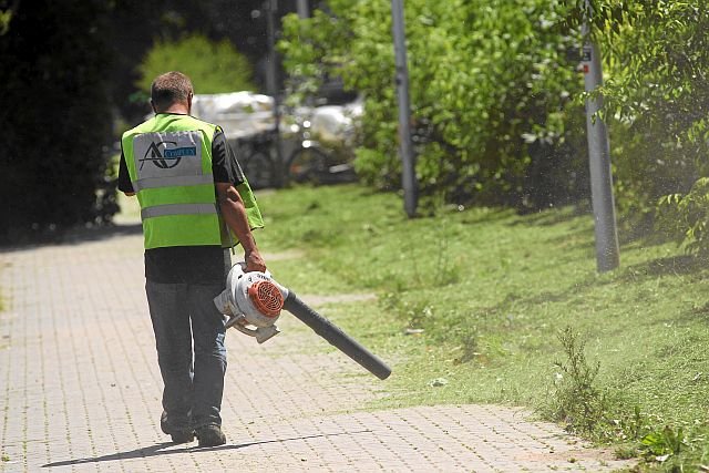 Po kosiarzach do akcji wkraczają pracownicy z dmuchawami, wytwarzając chmury spalin, hałas i tumany kurzu