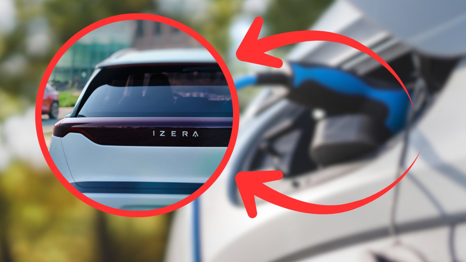 Ładowanie samochodu elektrycznego w tle. Z przodu w czerwonym kółku polski samochód elektryczny Izera.