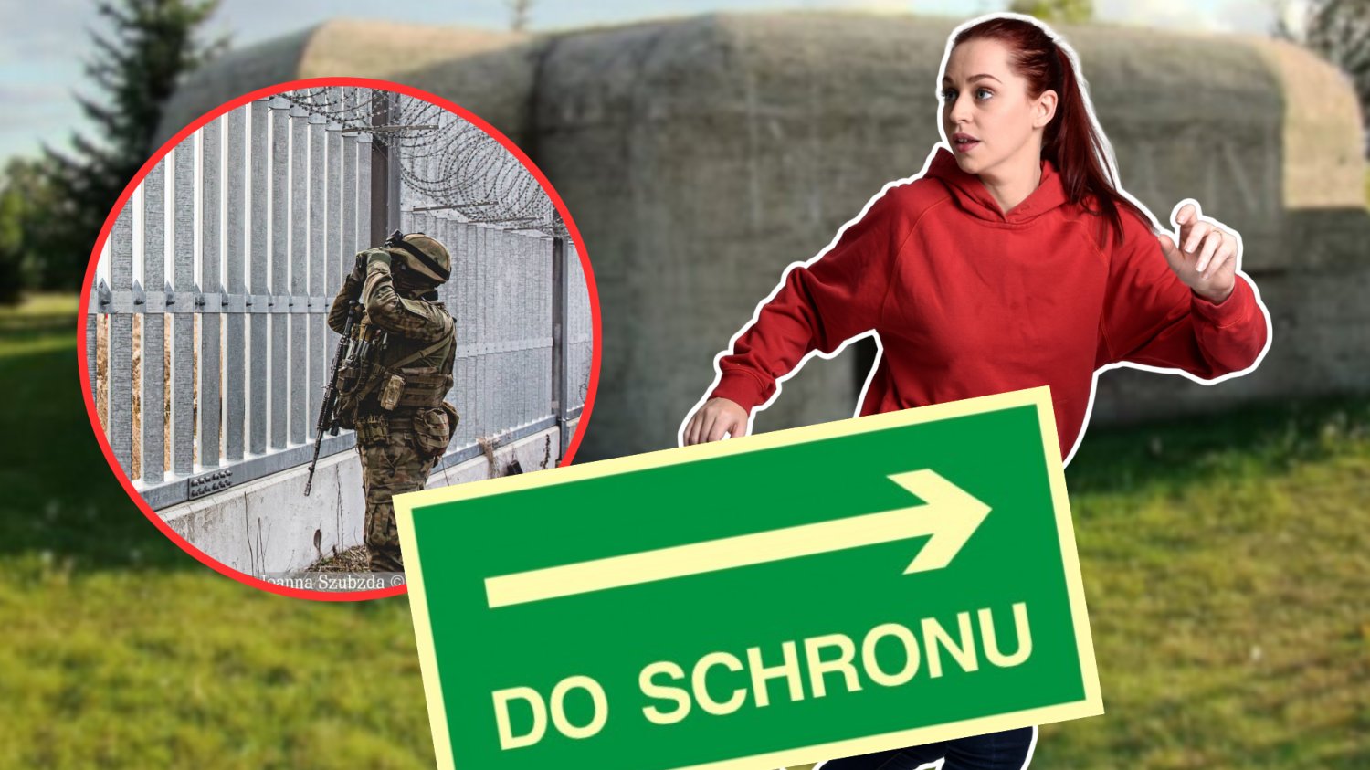 Żołnierz patrolujący granicę. Strzałka z napisem Do Schronu. Uciekająca kobieta. Bunkier w tle.