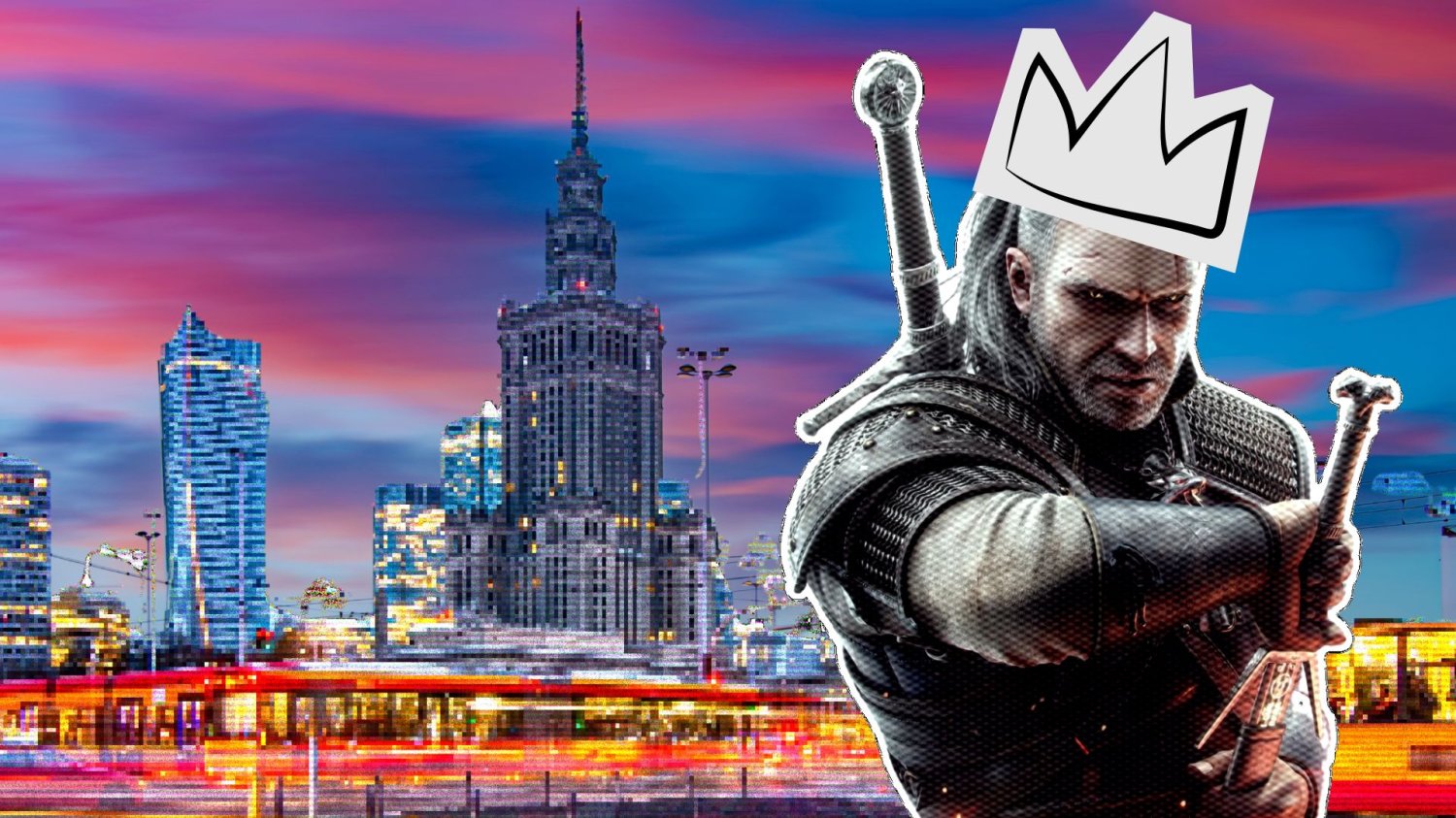 Wiedźmin Geralt w koronie na tle pikselowej Warszawy. Miasto przygotowało raport o stolicy jako hubie gamingowym Polski.