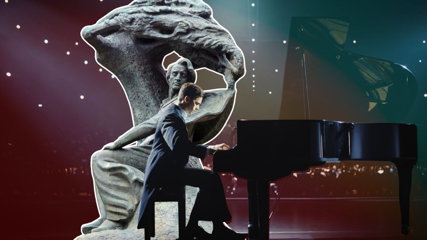 Pianista z posągiem Fryderyka Chopina.