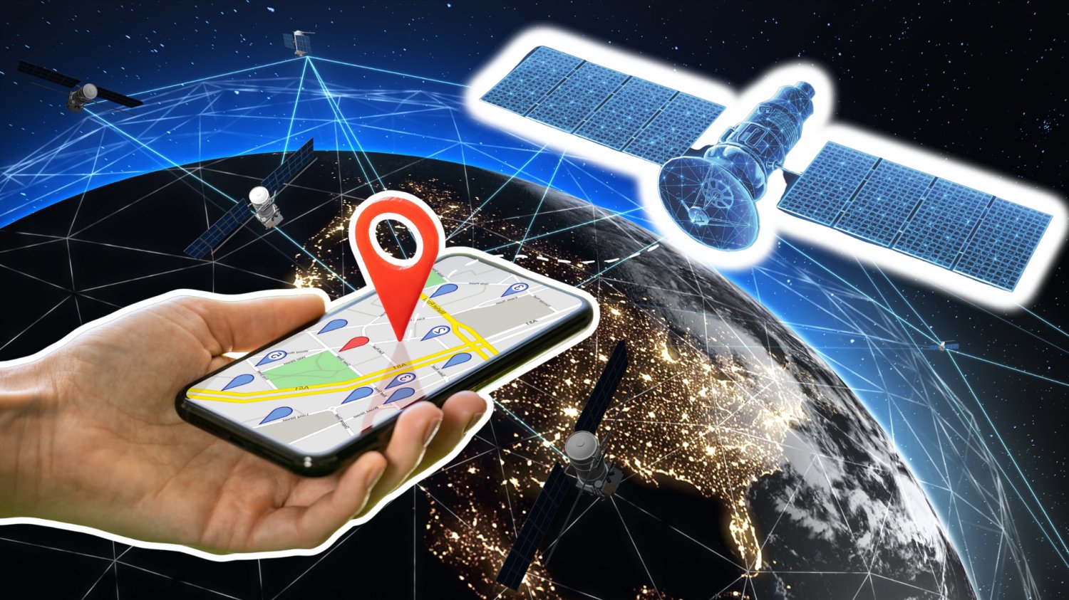 Ręka trzymająca telefon z włączonym GPS. Satelita, w tle kosmos.