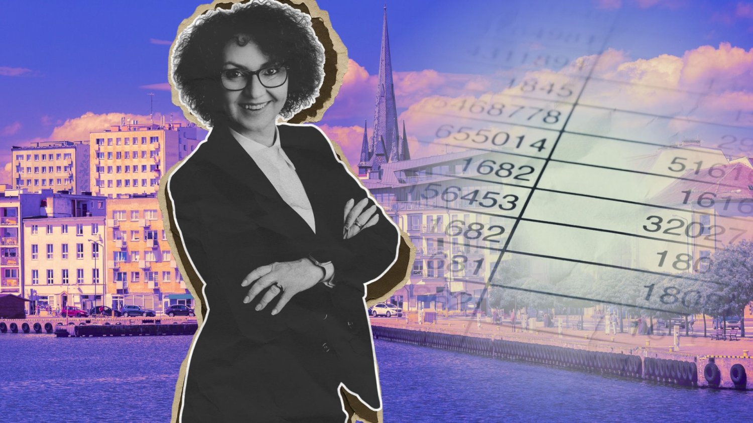 Joanna Agatowska, prezydentka Świnoujścia na tle miasta i tabelek.