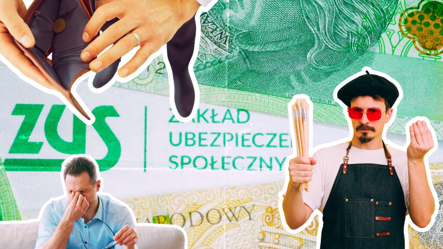 Luksusowy ZUS dla artystów. Zapłacą za niego nawet ci, którzy zarabiają mniej Pieniądze i logo ZUS, malarz, załamany człowiek i ręce z pustym portfelem. Artyści dostaną dopłaty do emerytur. Sfinansują je Polacy zarabiający mniej od nich