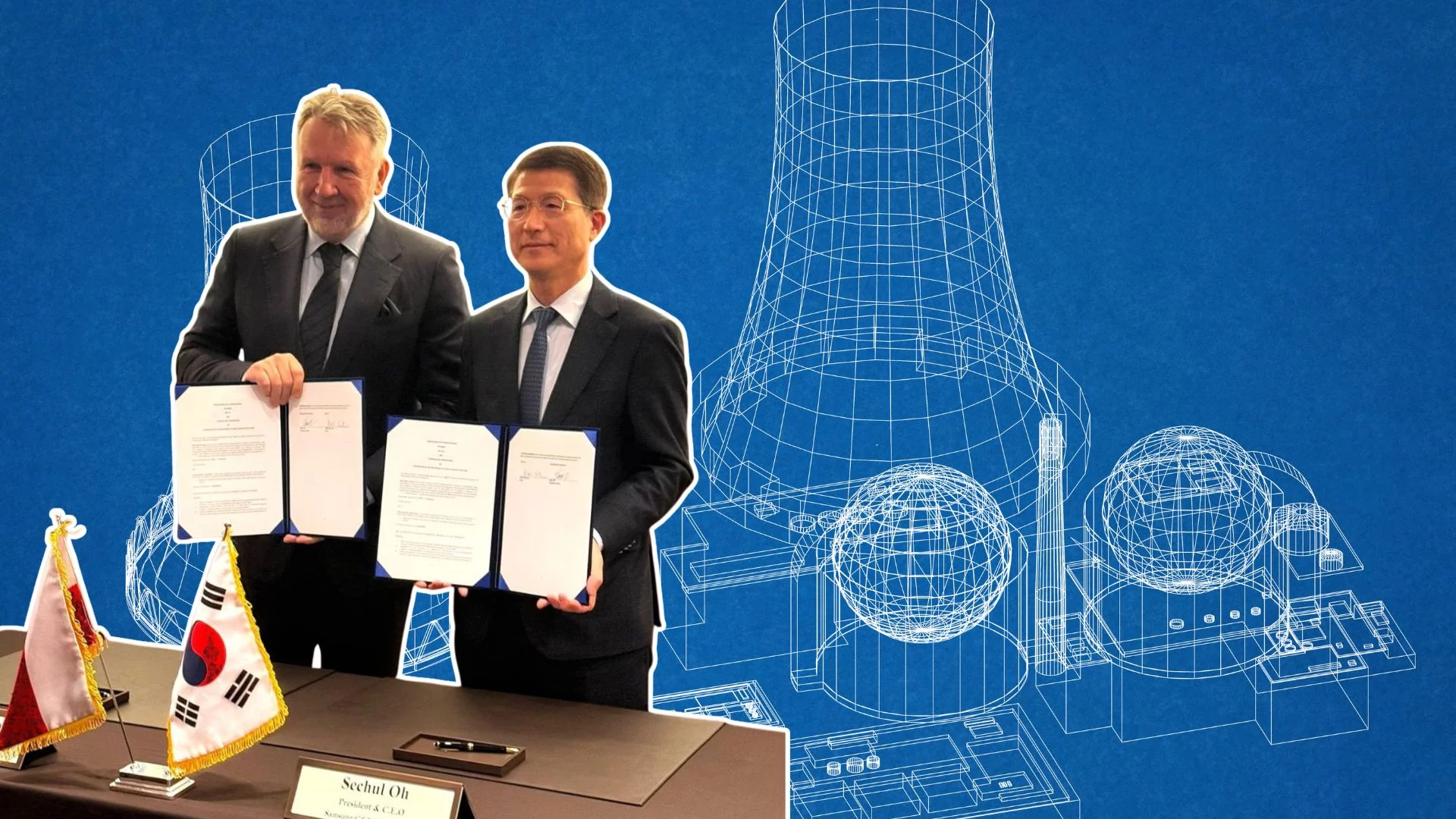 Michał Sołowow (z lewej) i Oh Sechul, prezes Samsung C&T (z prawej). Polski miliarder podpisał współpracę z Samsungiem.