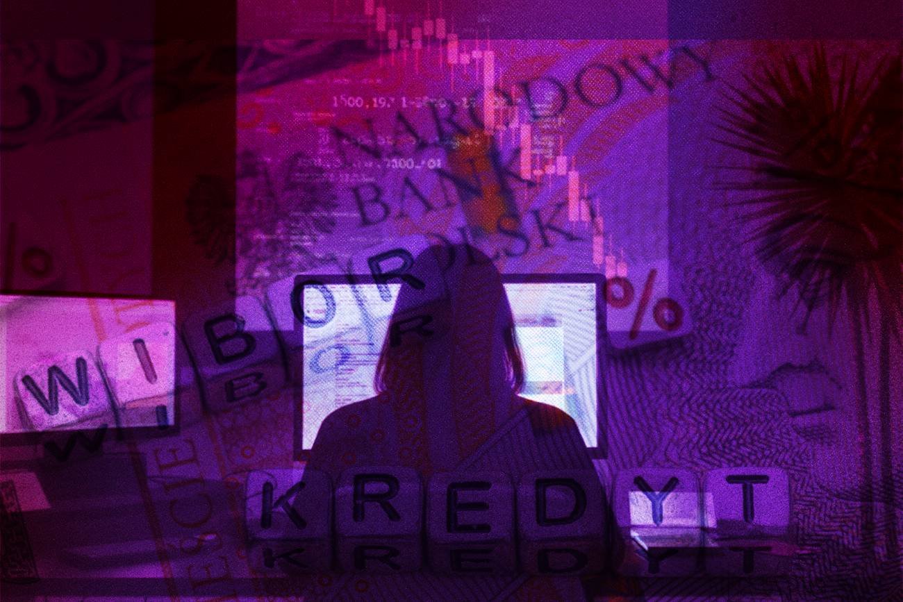 Osoba sprawdzająca swoje finanse, WIBOR w tle.